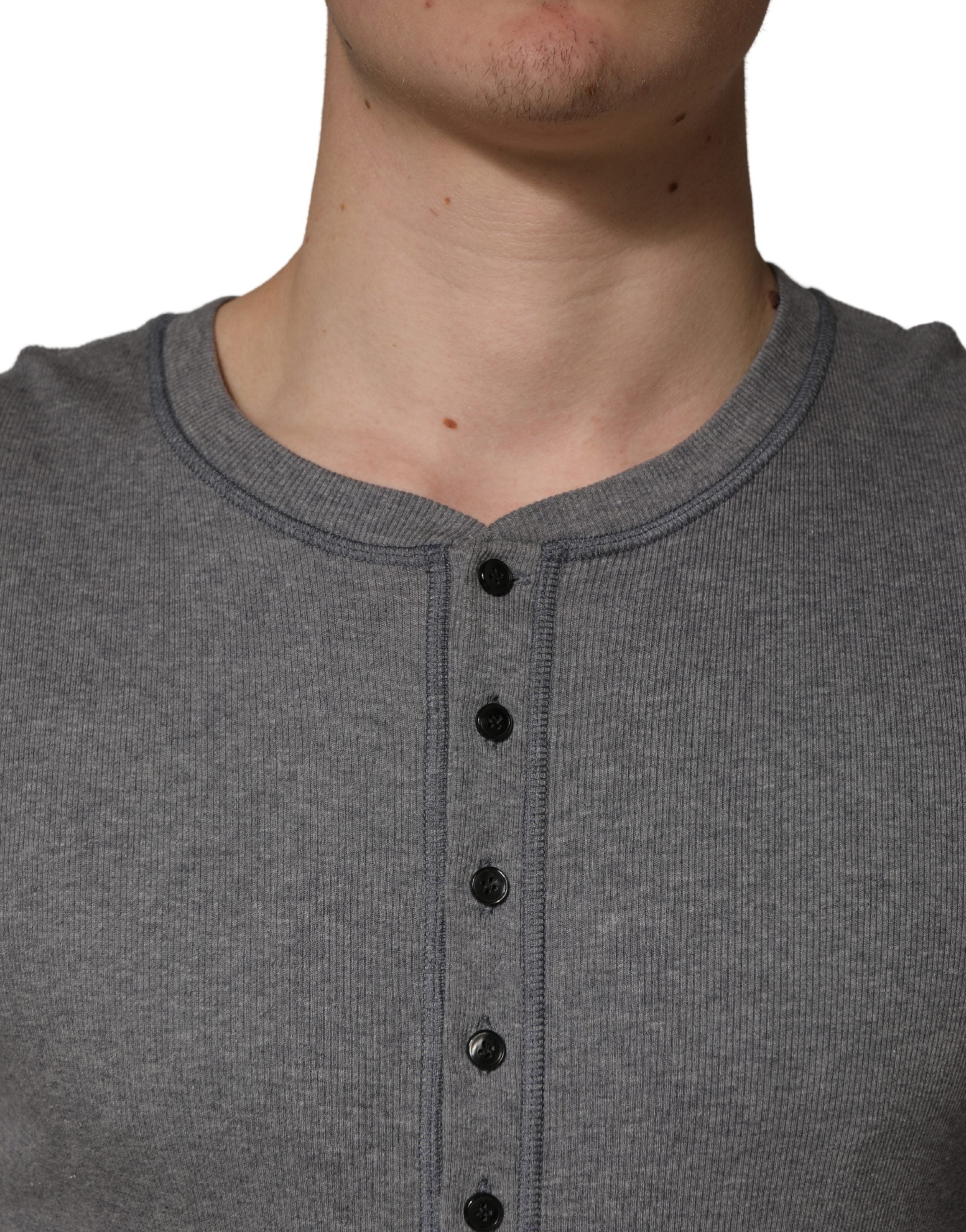 Dolce & Gabbana Gray Ribbed Cotton Long-Sleeve Henley  T-shirt