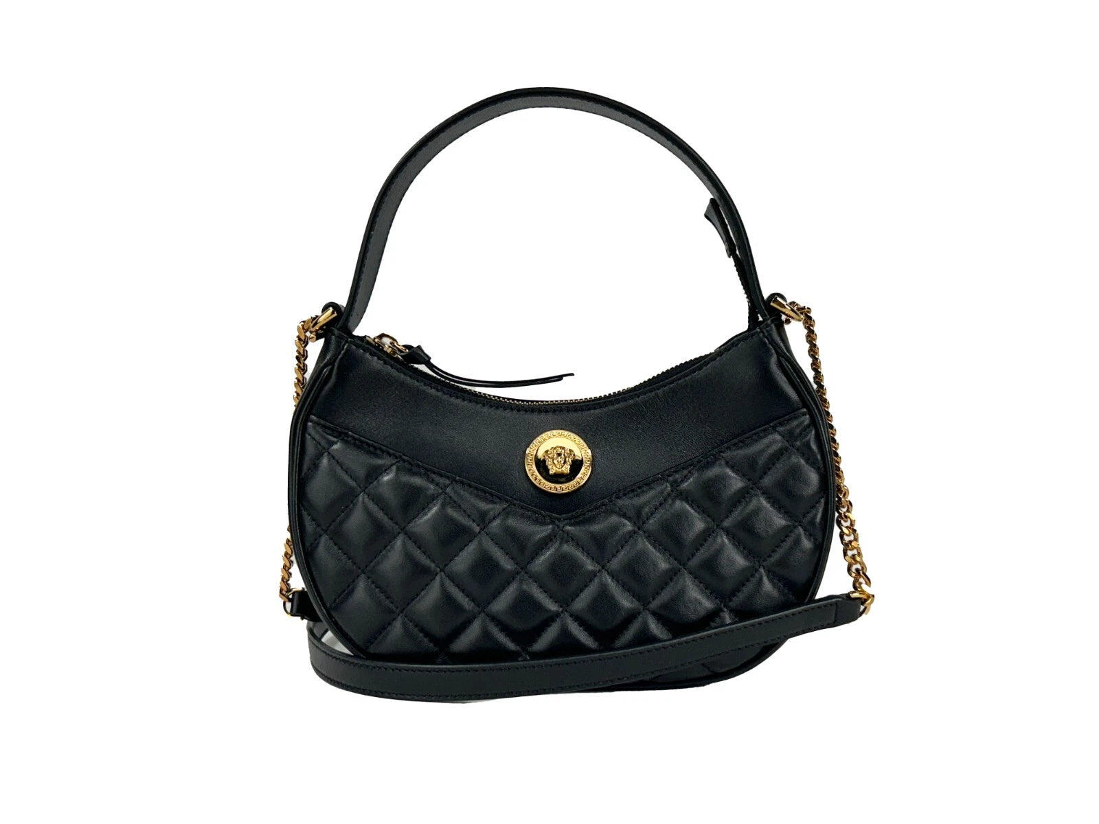 Versace Quilted Black Leather Half Moon Chain Crossbody Bag - PreLoved & Luxe