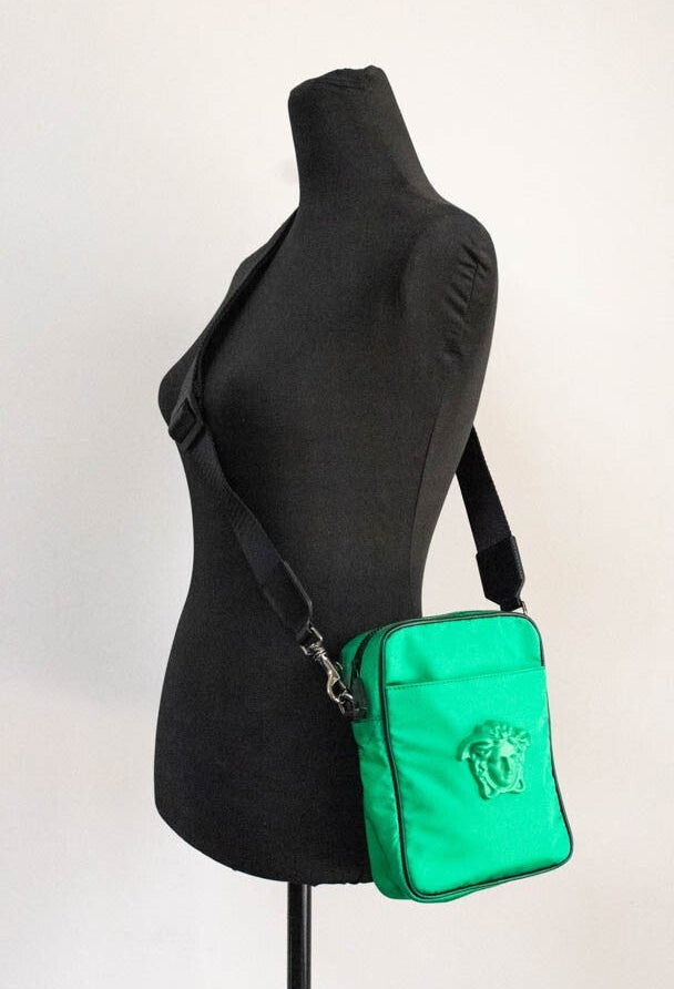 Versace Small Bright Green Nylon Fabric Medusa Crossbody Messenger Bag Purse - PreLoved & Luxe