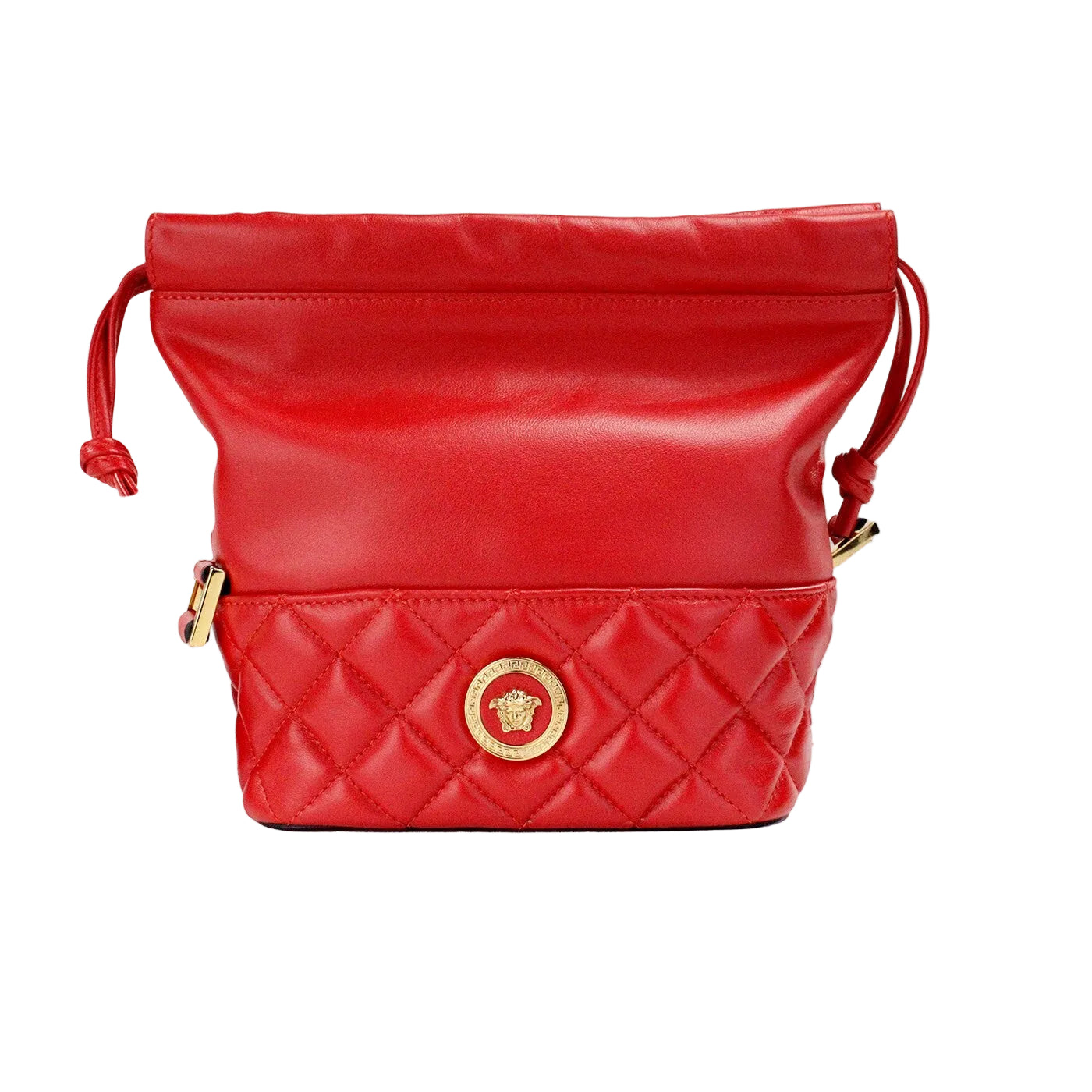 Versace Red Quilted Leather Drawstring Shoulder Bag Bucket Crossbody Handbag - PreLoved & Luxe
