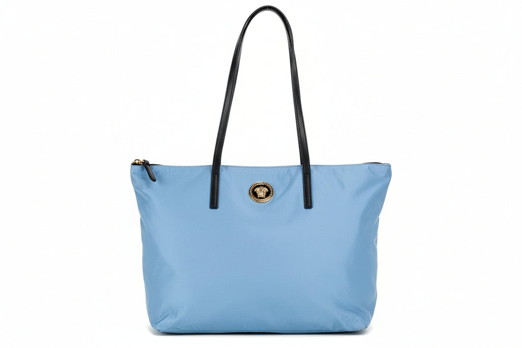 Versace Portuna Medusa Medium Cornflower Blue Nylon Leather Tote Bag Purse - PreLoved & Luxe