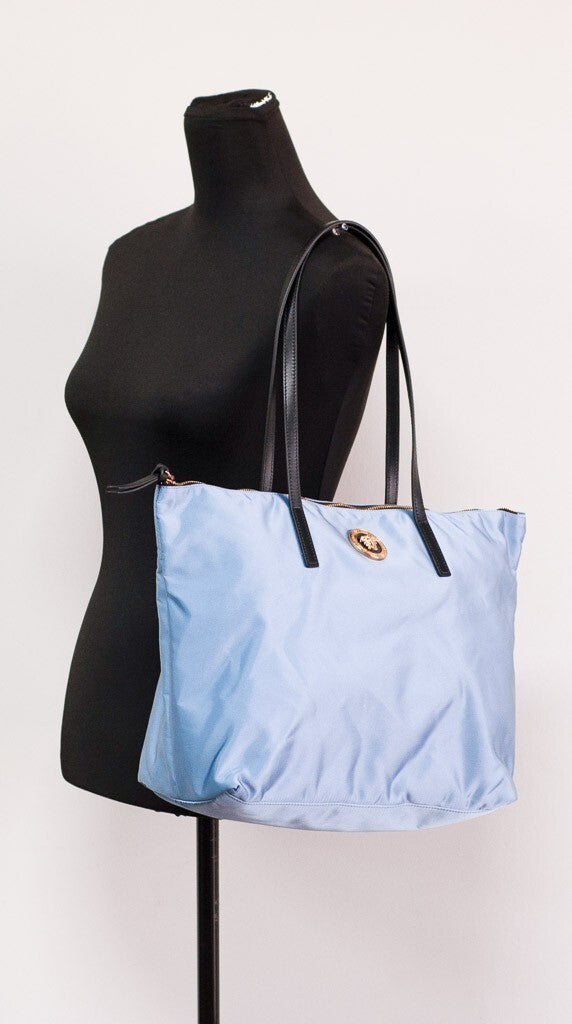 Versace Portuna Medusa Medium Cornflower Blue Nylon Leather Tote Bag Purse - PreLoved & Luxe