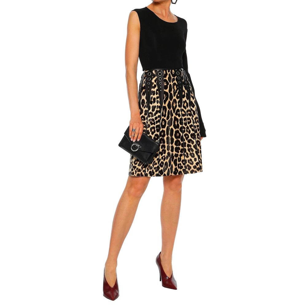 Bottega Veneta Leopard Printed Leather Flared Midi Skirt