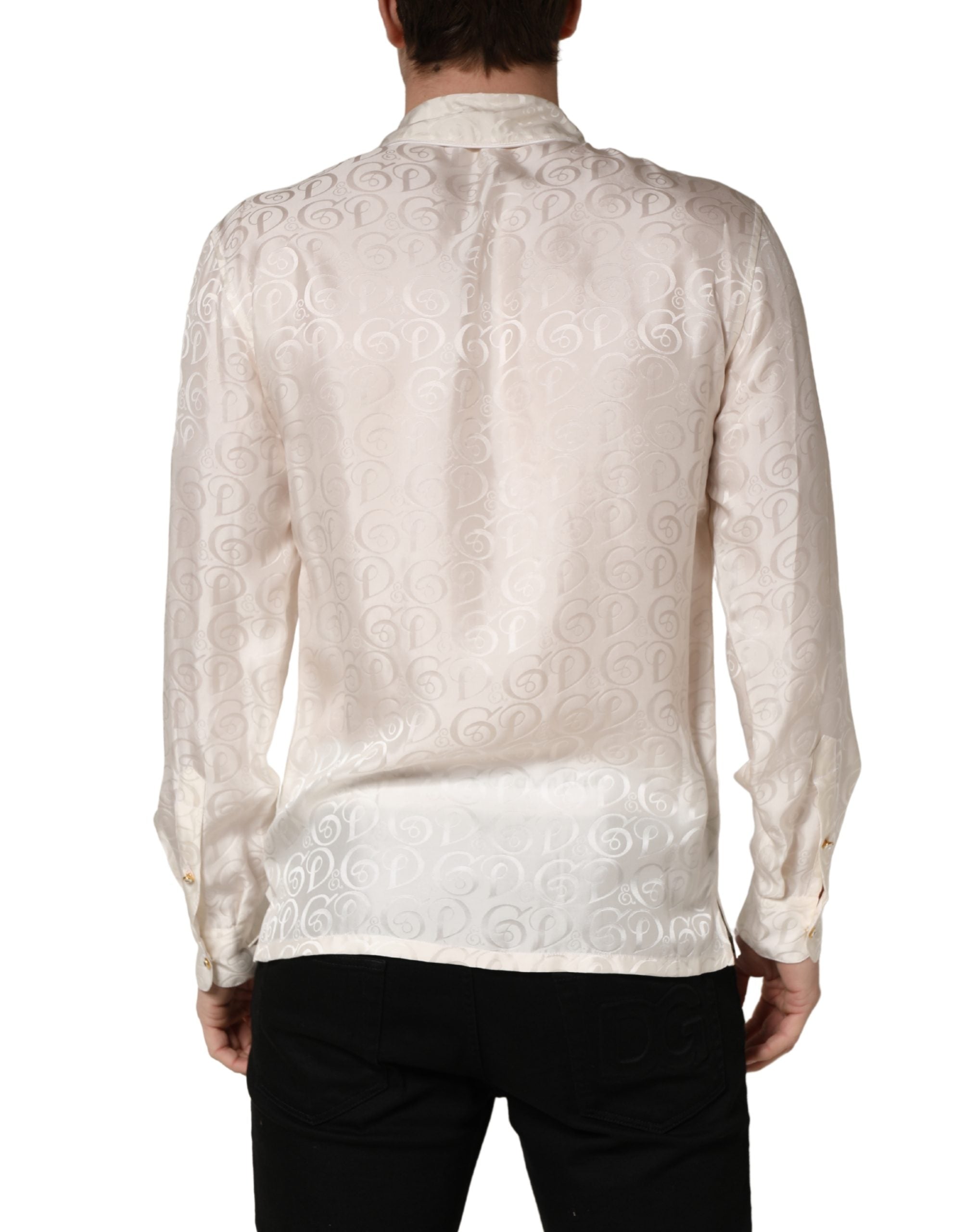 Dolce & Gabbana White Silk Long Sleeve Tonal Logo Print Shirt
