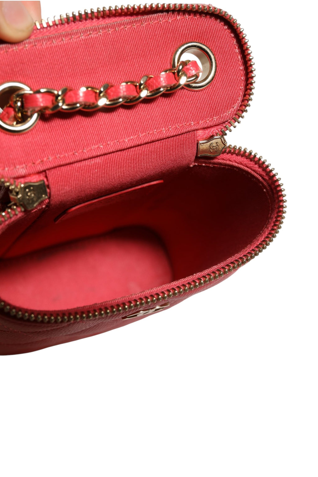 Chanel Red Caviar Quilted Small Vertical Coco Beauty Vanity Case with Chain