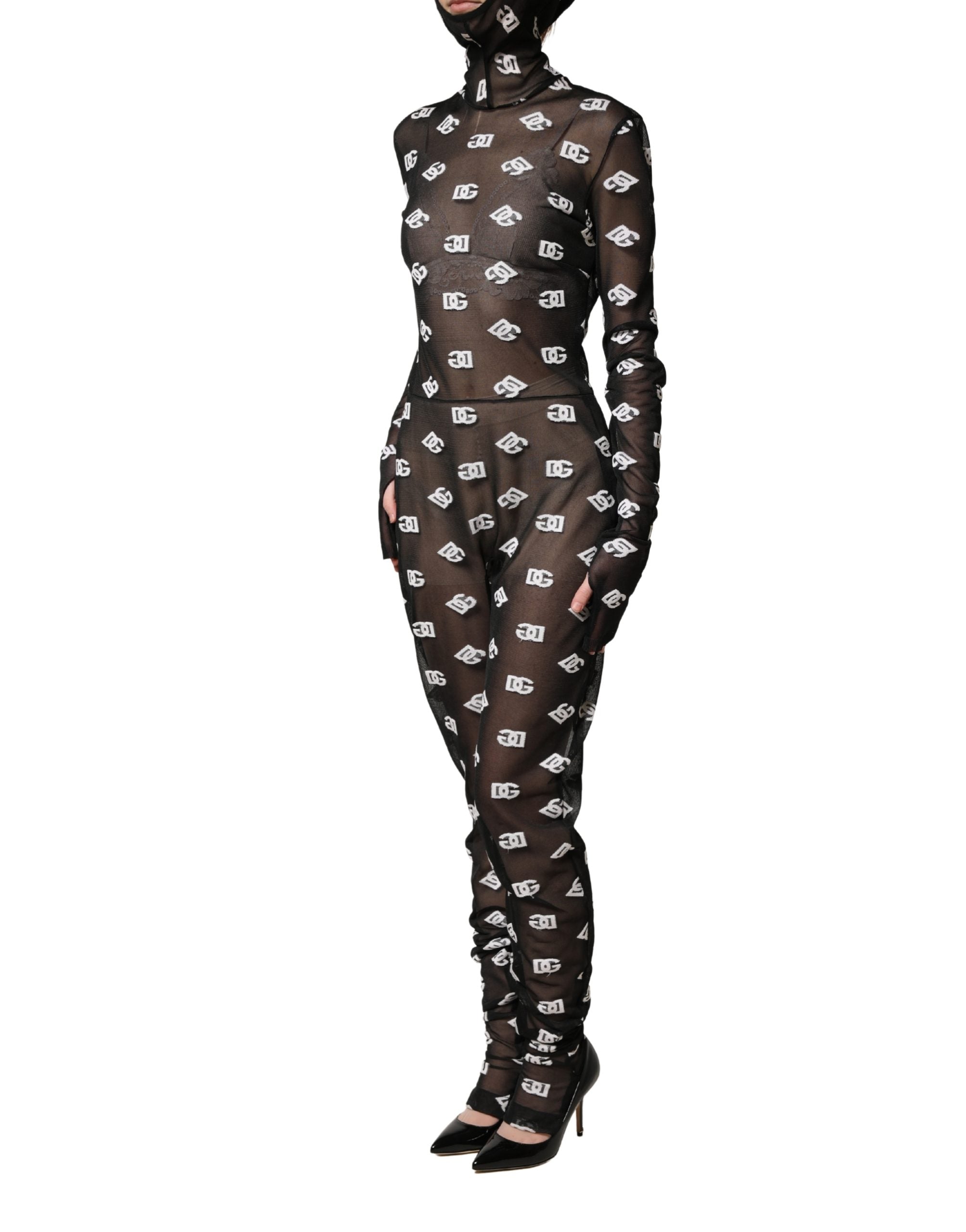 Dolce & Gabbana Black White Logo Print Hooded Jumpsuit Dress