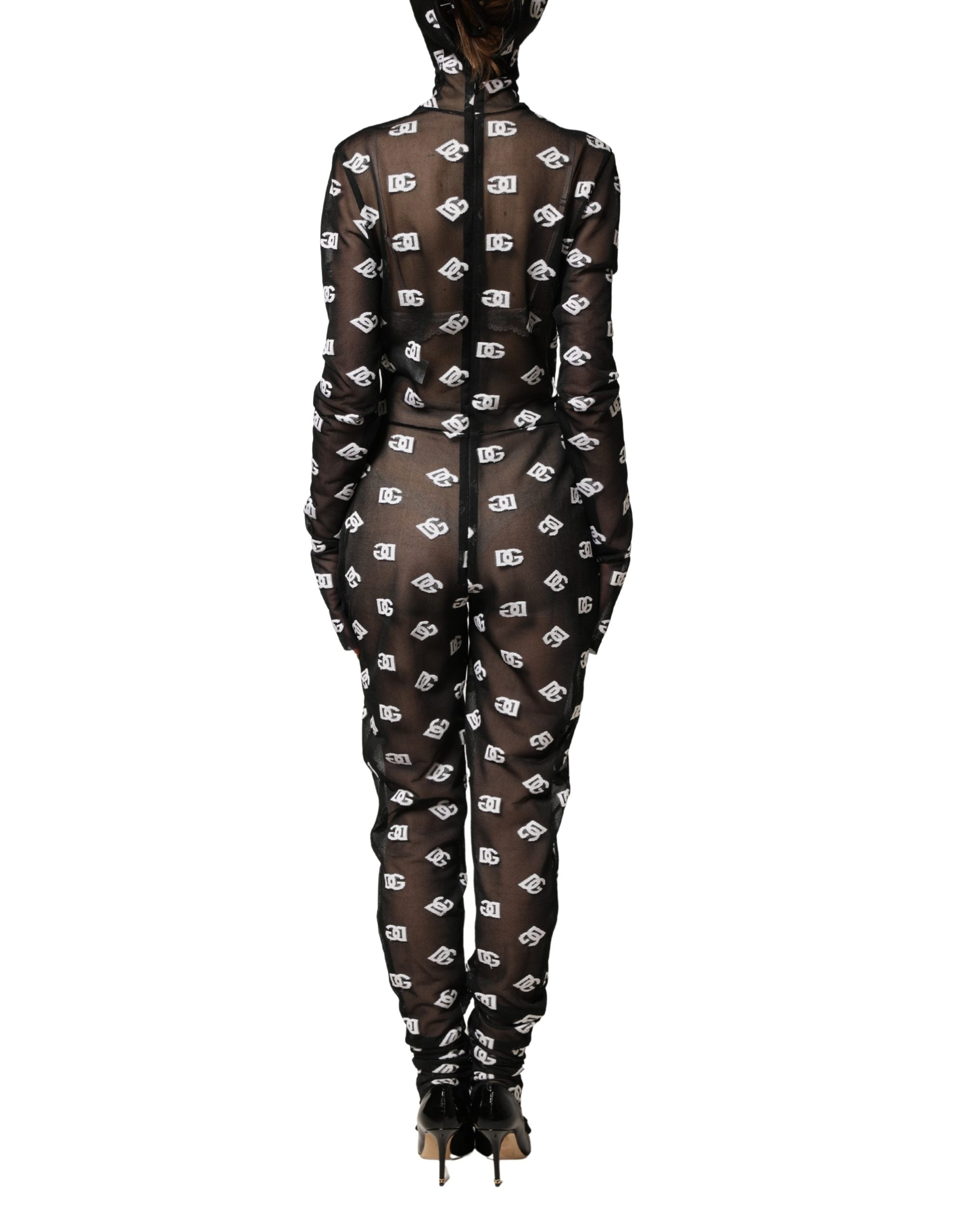 Dolce & Gabbana Black White Logo Print Hooded Jumpsuit Dress