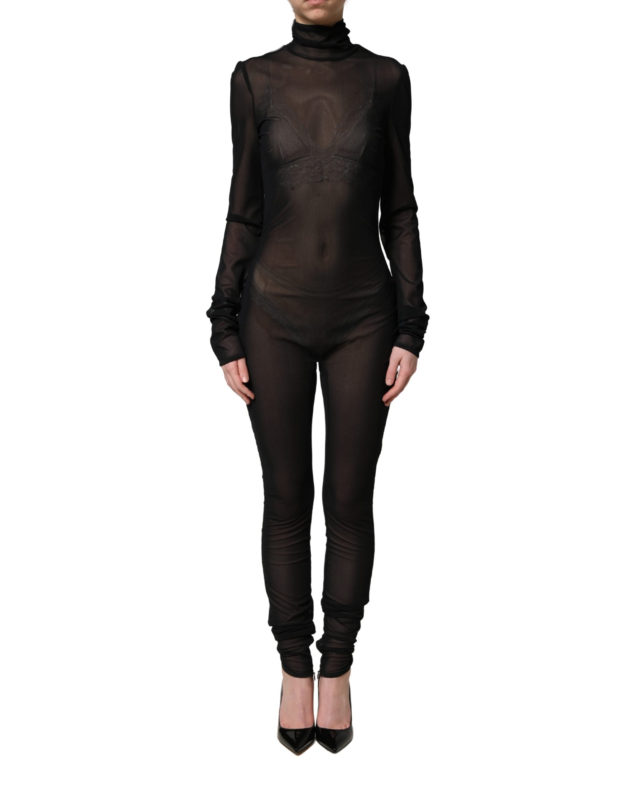 Dolce & Gabbana Black Nylon Sheer Turtleneck Jumpsuit Dress