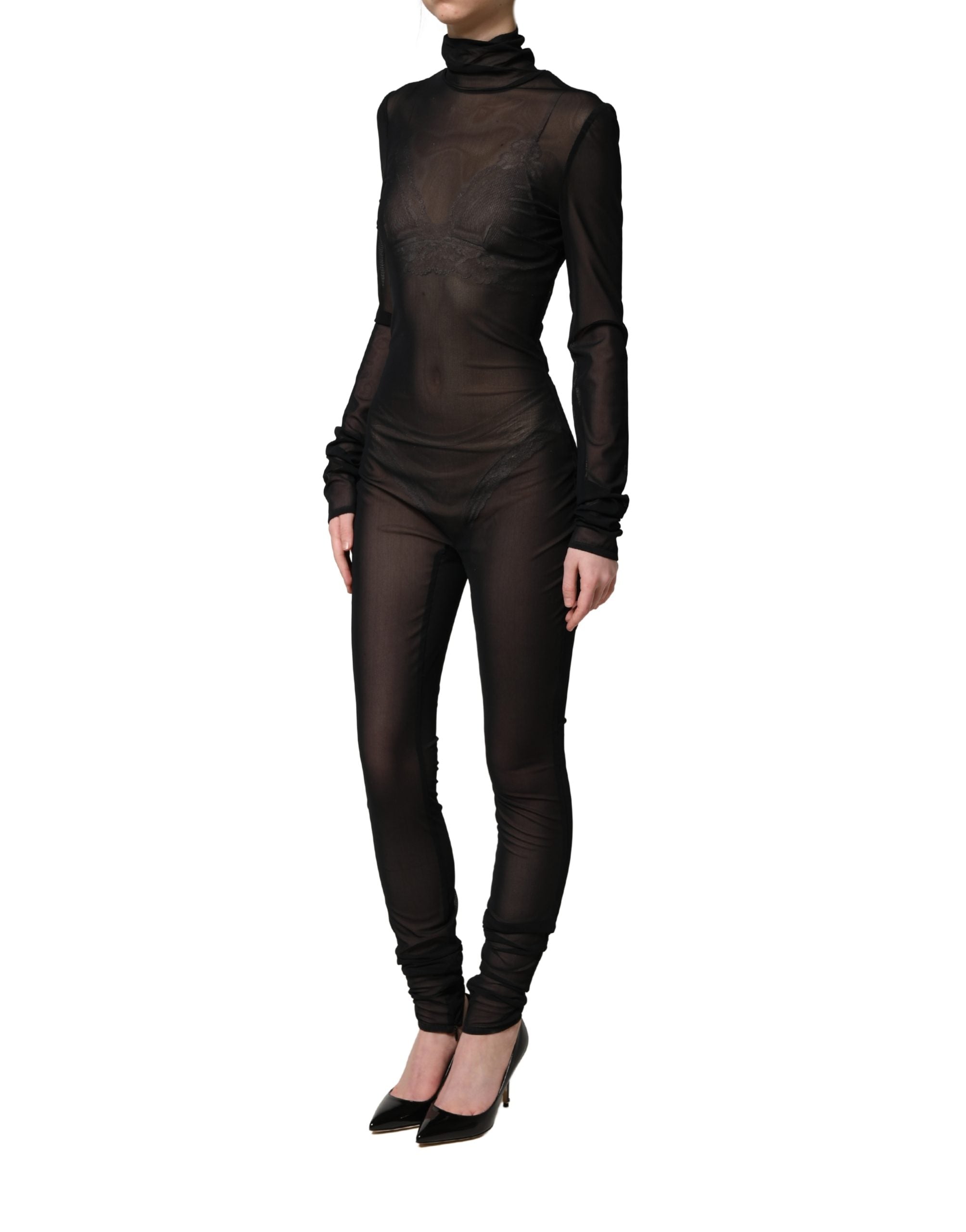 Dolce & Gabbana Black Nylon Sheer Turtleneck Jumpsuit Dress