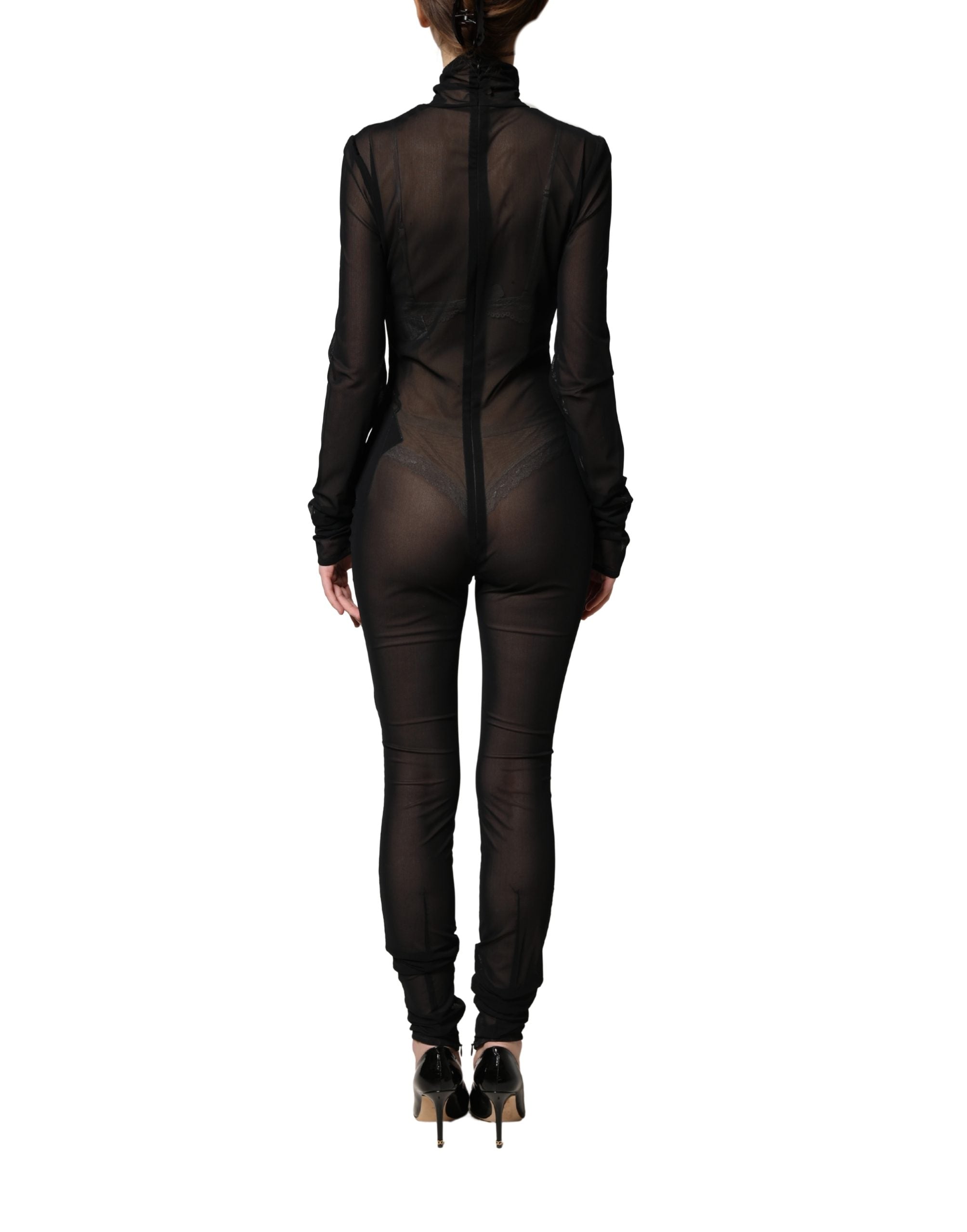 Dolce & Gabbana Black Nylon Sheer Turtleneck Jumpsuit Dress