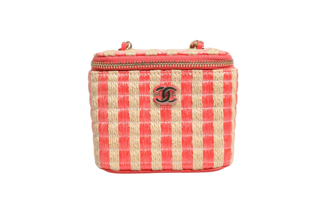 Chanel Mini Striped Coral Raffia Vanity Case