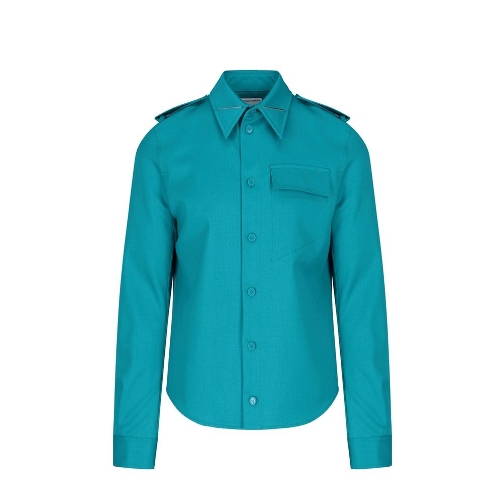 Bottega Veneta Teal Blue Grain De Poudre Wool Shirt