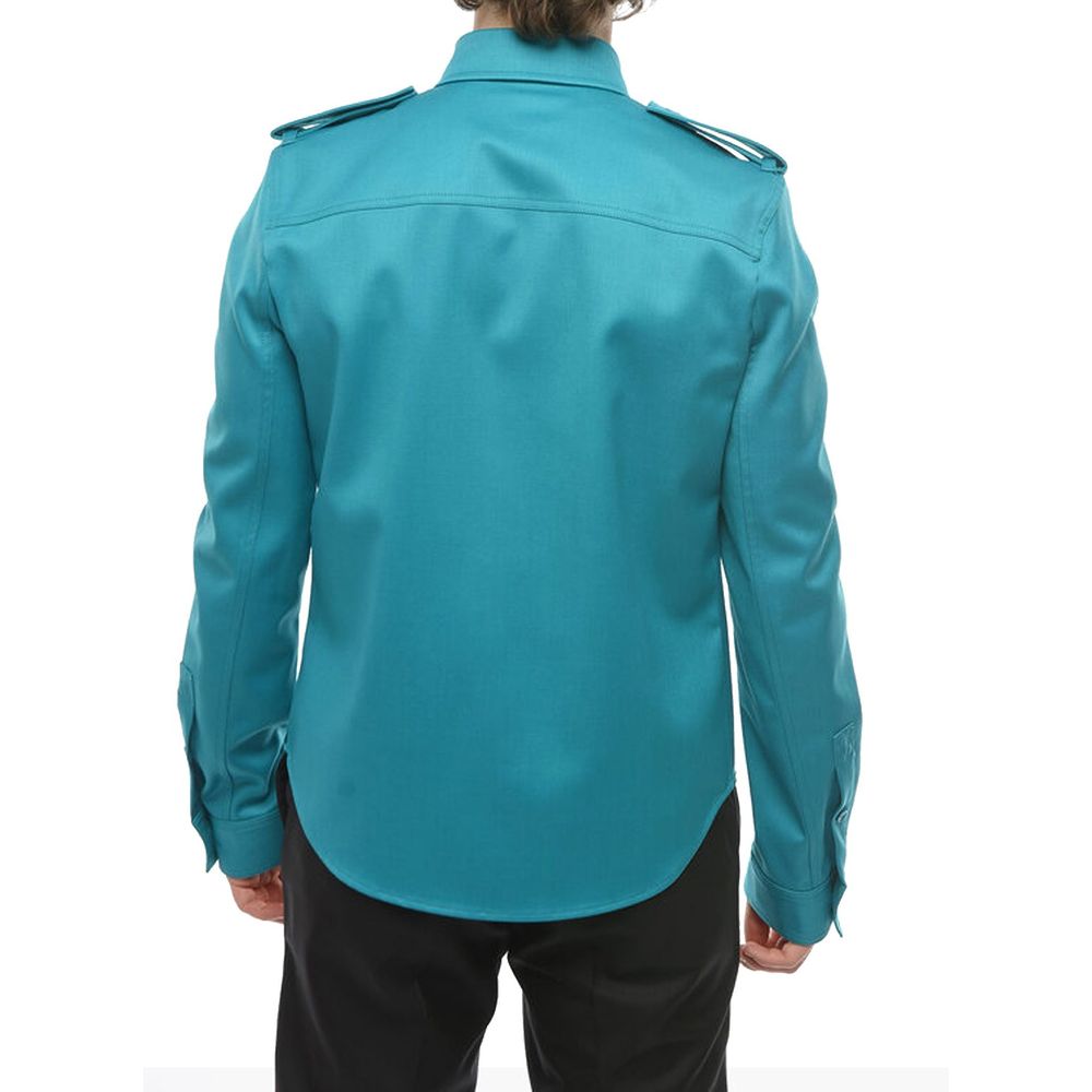 Bottega Veneta Teal Blue Grain De Poudre Wool Shirt