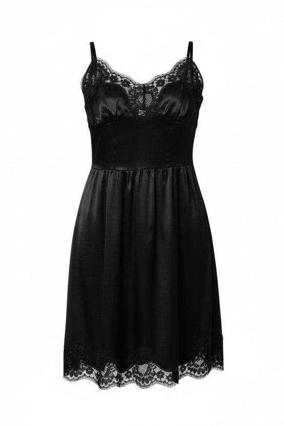 Dolce & Gabbana Black Silk Satin Lace Sleeveless Mini Dress