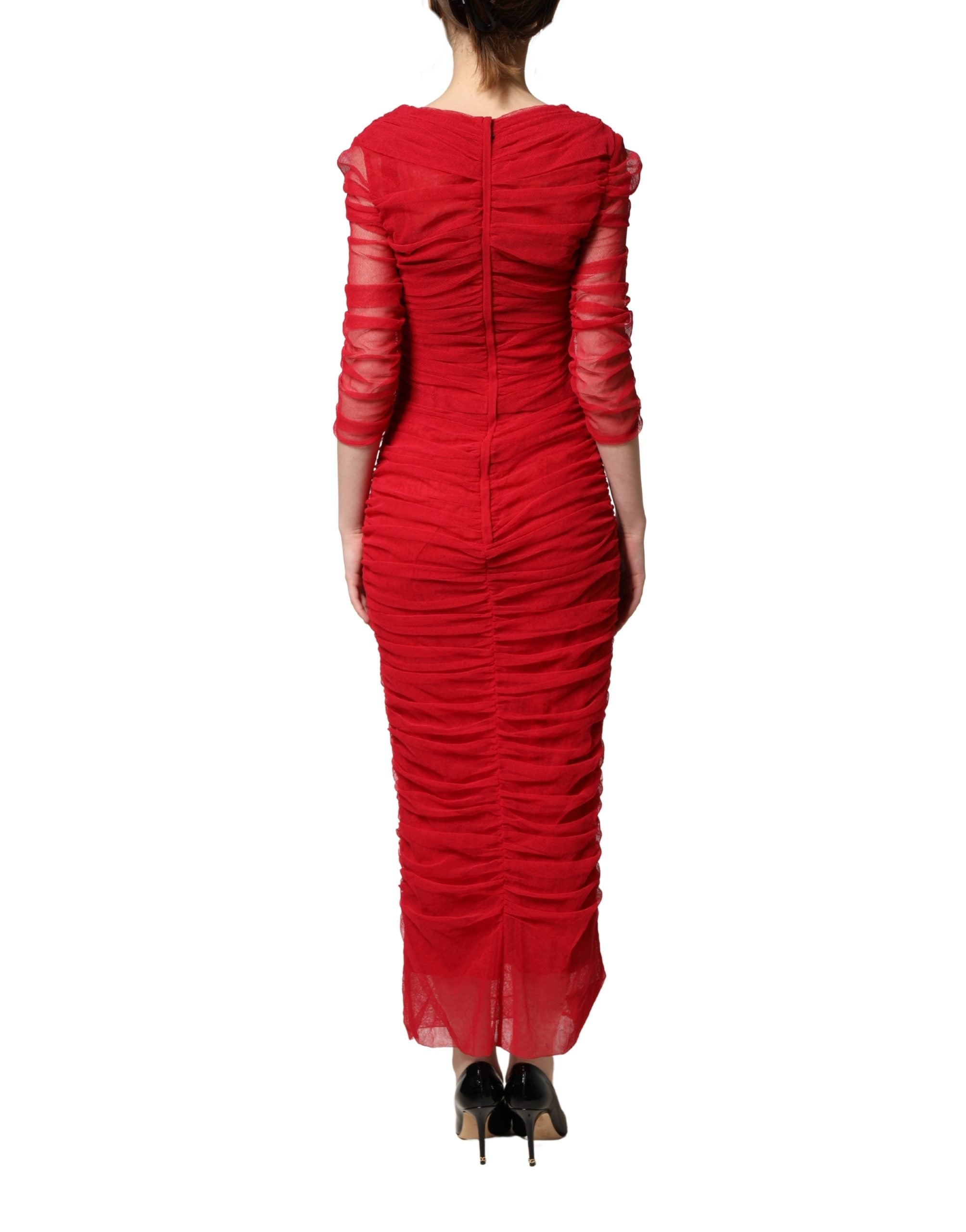 Dolce & Gabbana Red Cotton Ruched Stretch Tulle Midi Dress