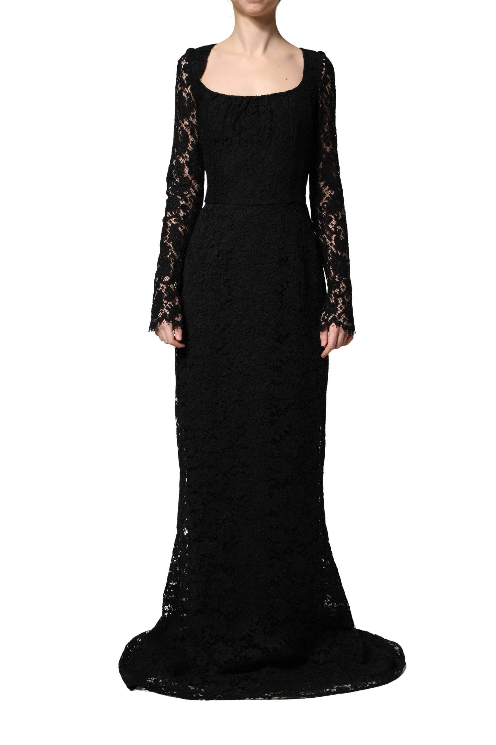 Dolce & Gabbana Black Lace Square Neck LongSleeve Maxi Dress