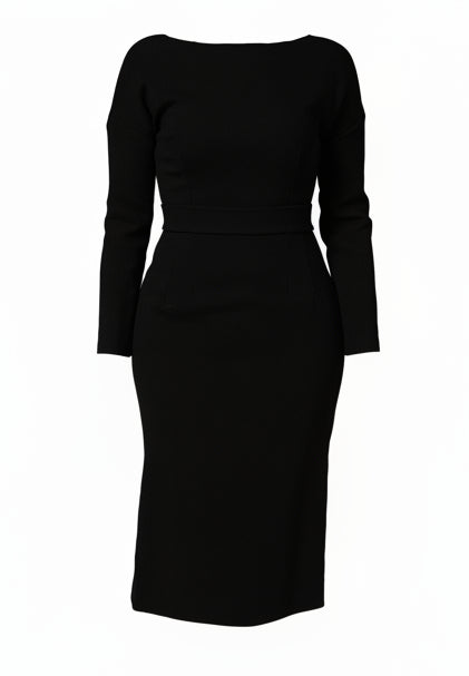 Dolce & Gabbana Black Wool Crepe Long Sleeves Midi Dress
