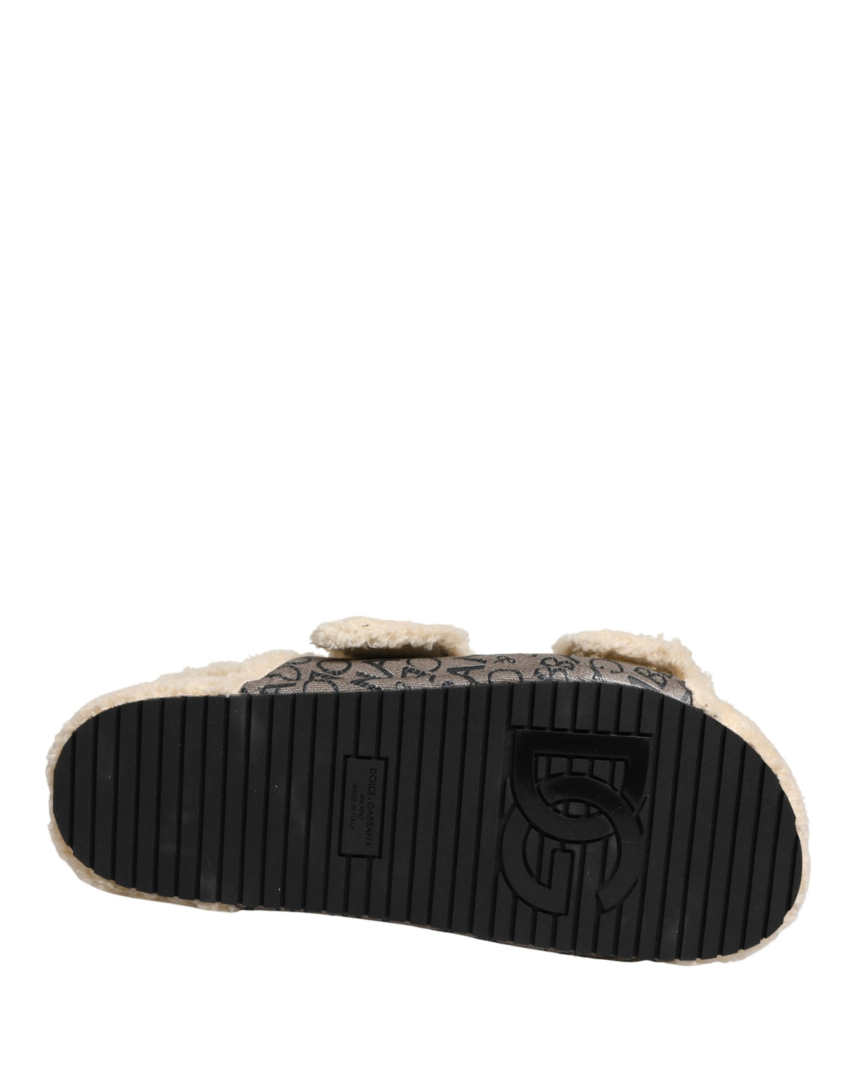 New Dolce & Gabbana Beige Faux Fur Logo Print Flats Sandals Shoes