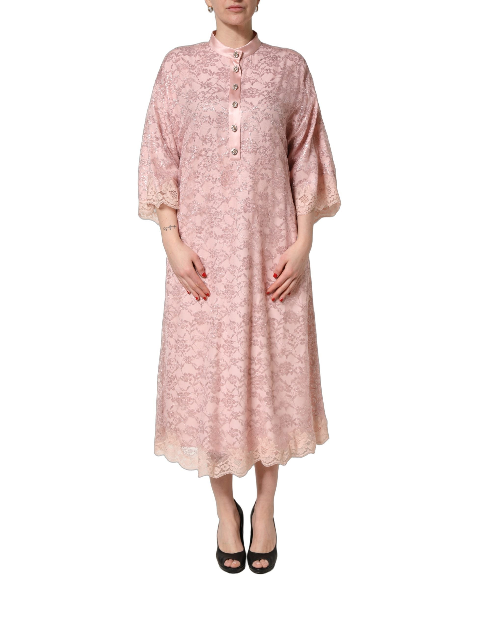 Dolce & Gabbana Pink Corded Floral Lace Kaftan Midi Dress