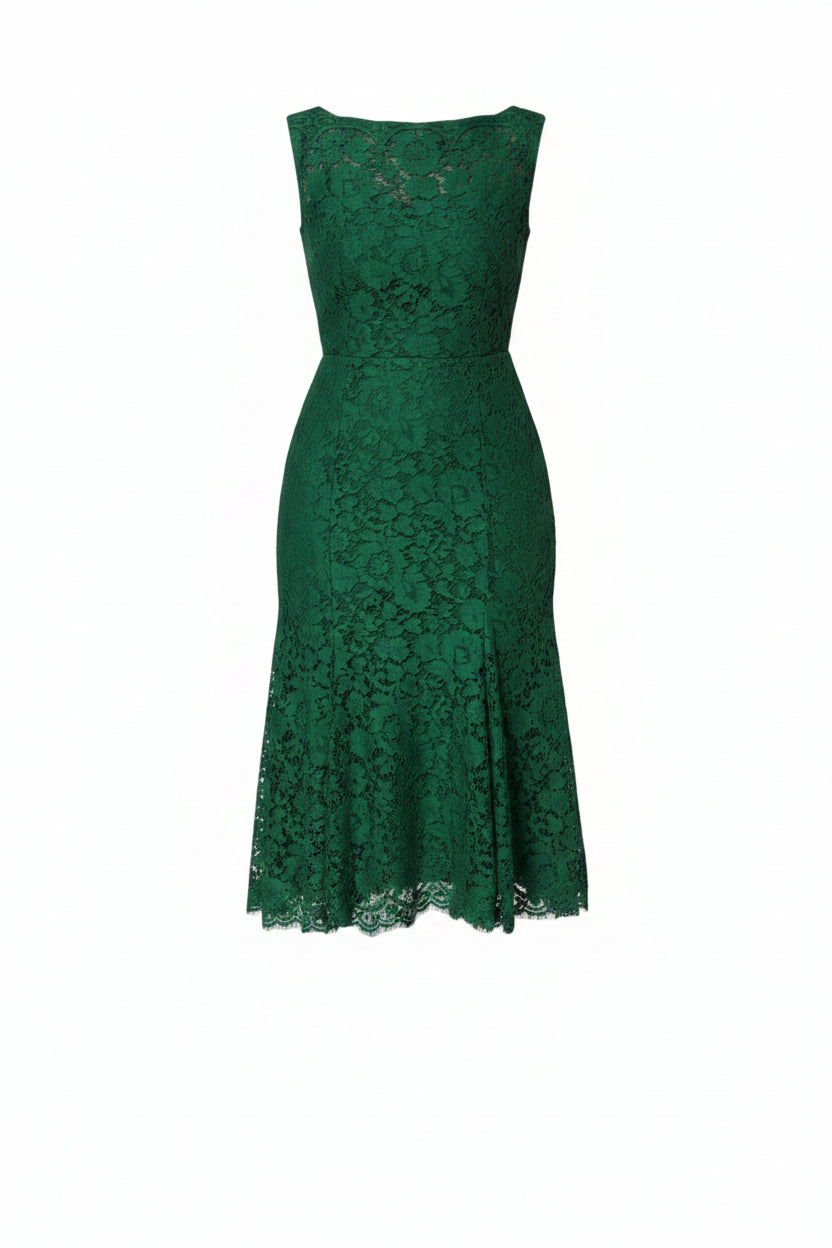 Dolce & Gabbana Green Floral Lace Cotton Sleeveless Midi Dress