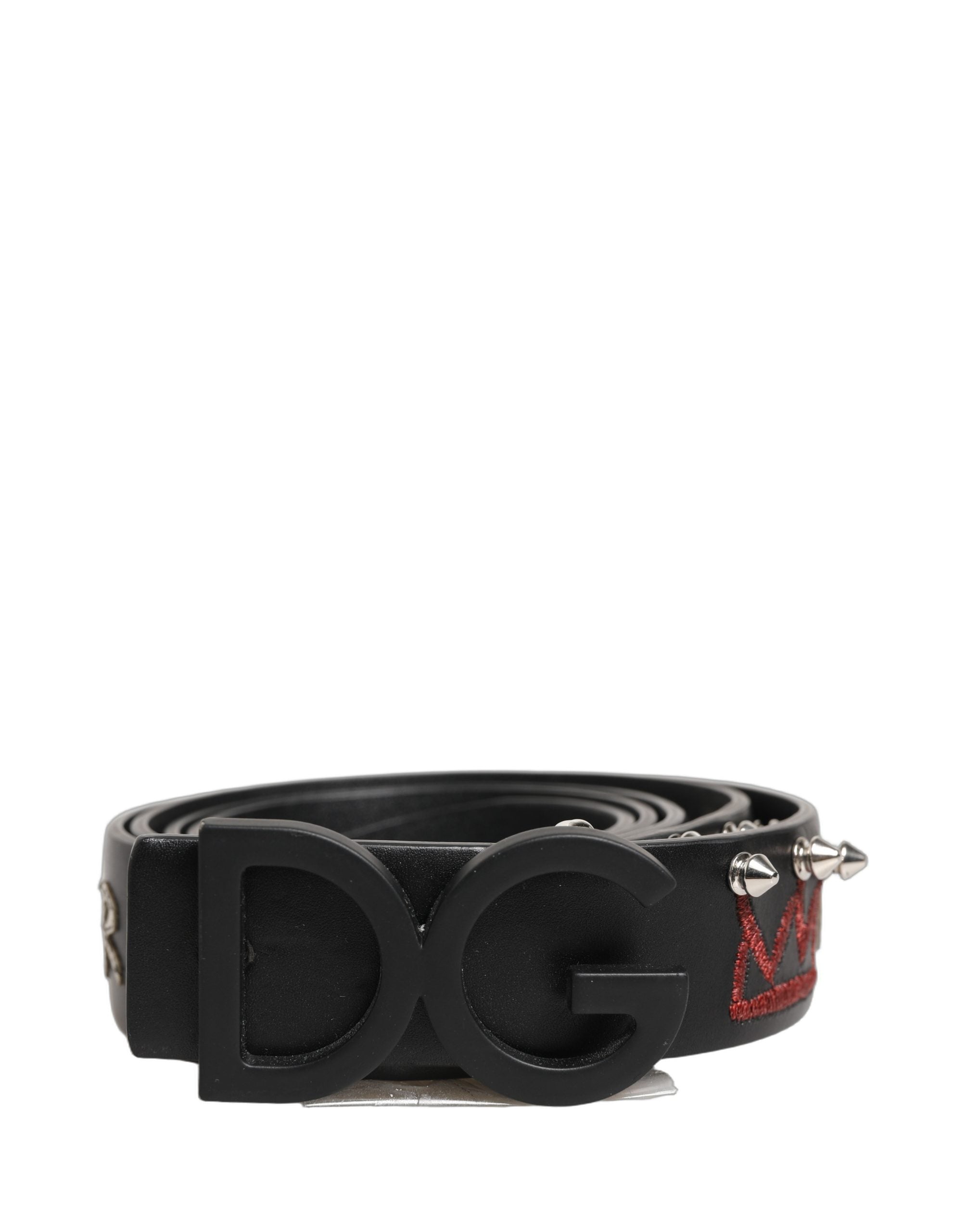 Dolce & Gabbana Black Leather 'Prince Crown' Printed Logo Buckle Belt