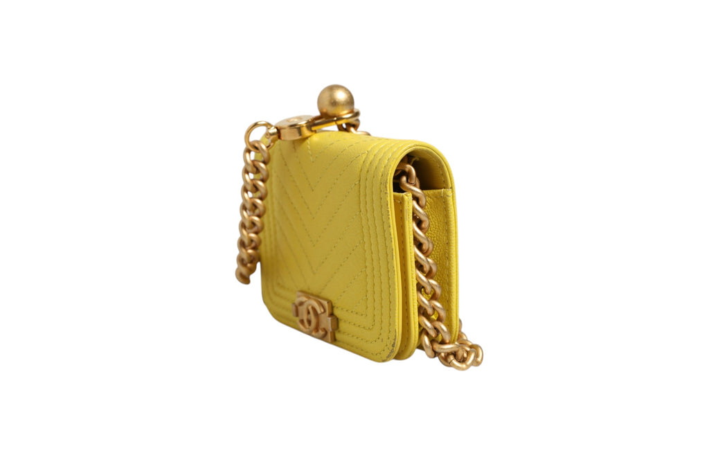Chanel Yellow Chevron Leather Mini Boy Belt Bag