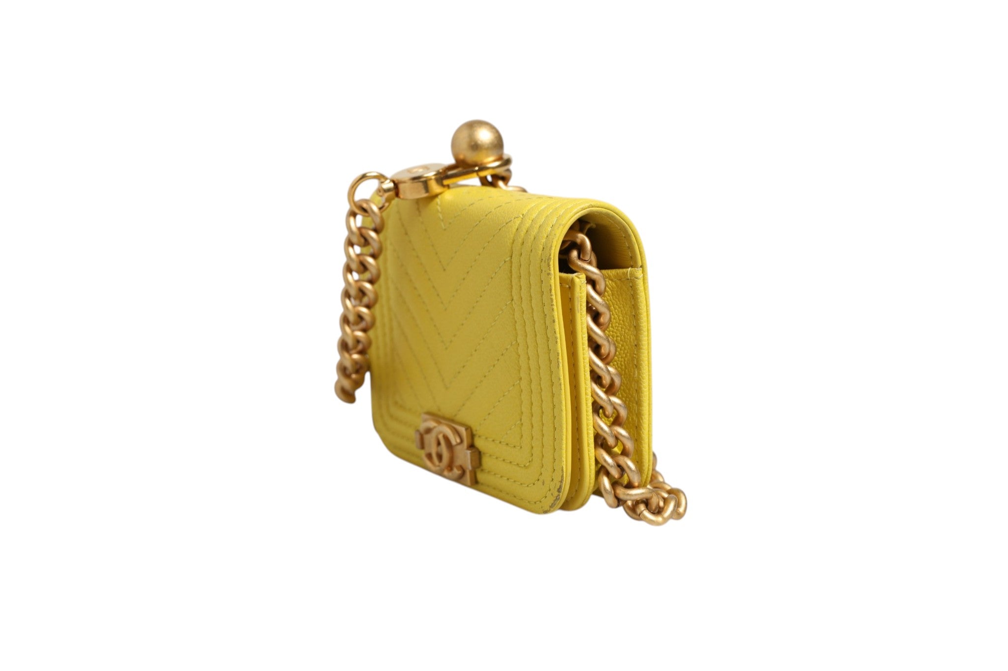 Chanel Yellow Chevron Leather Mini Boy Belt Bag