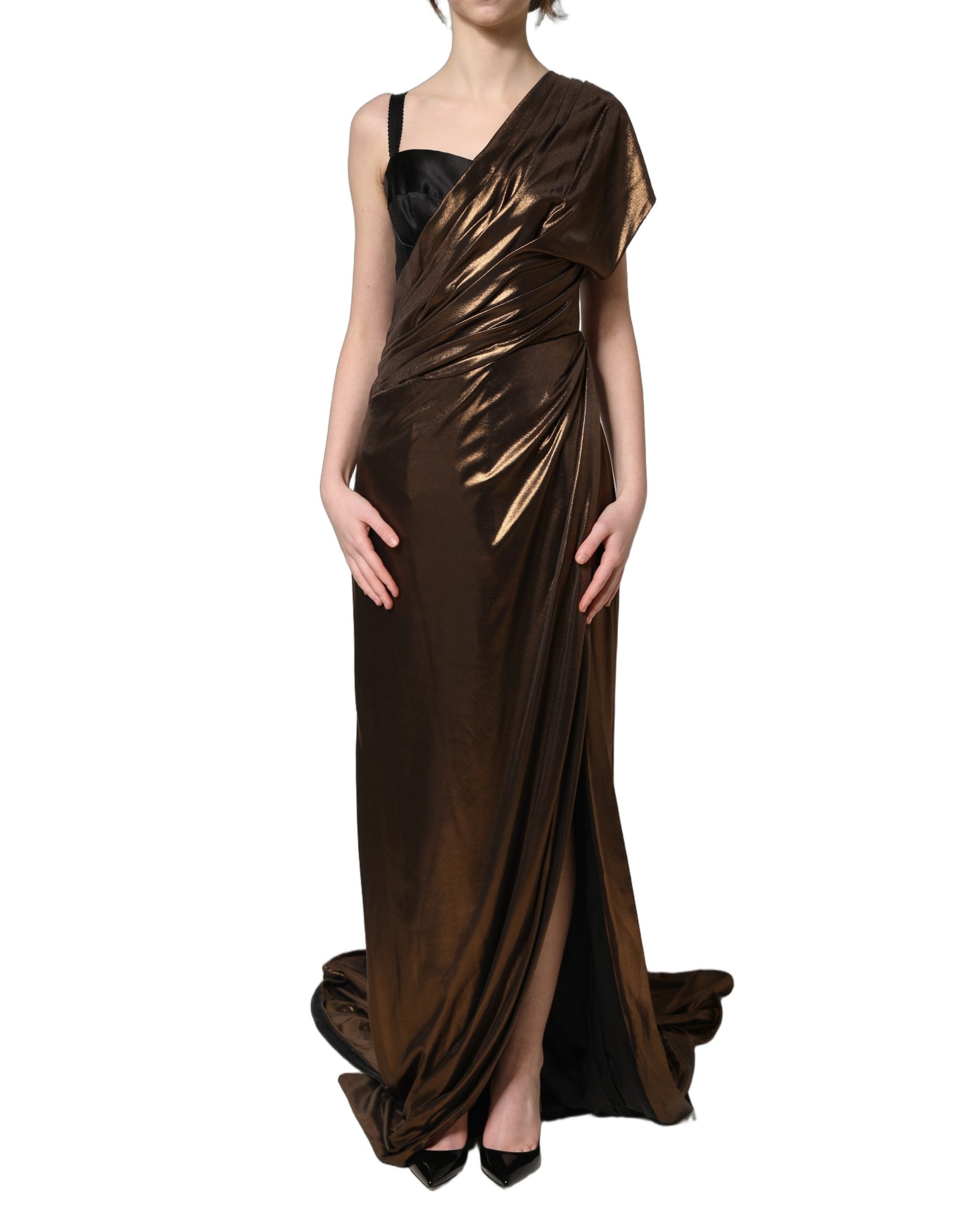 Dolce & Gabbana Bronze Asymmetrical Draping OneShoulder Dress