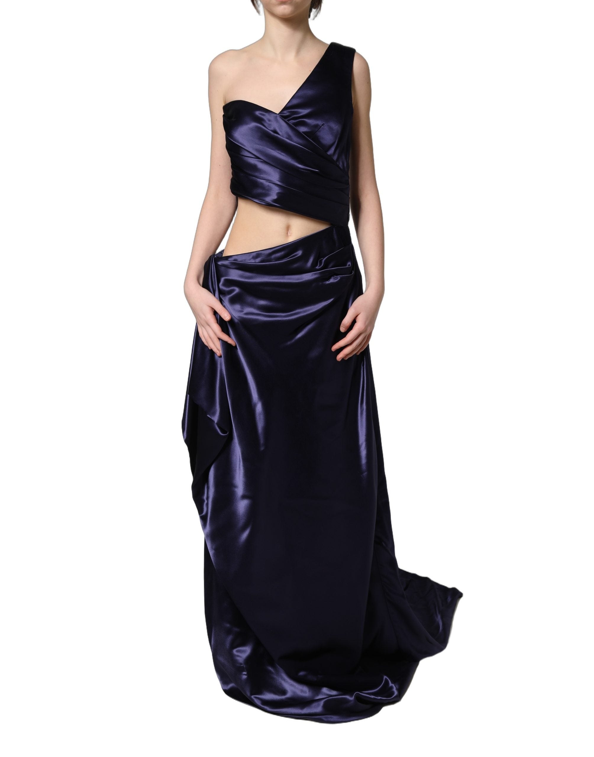Dolce & Gabbana Navy Blue One Shoulder Evening Gown Dress