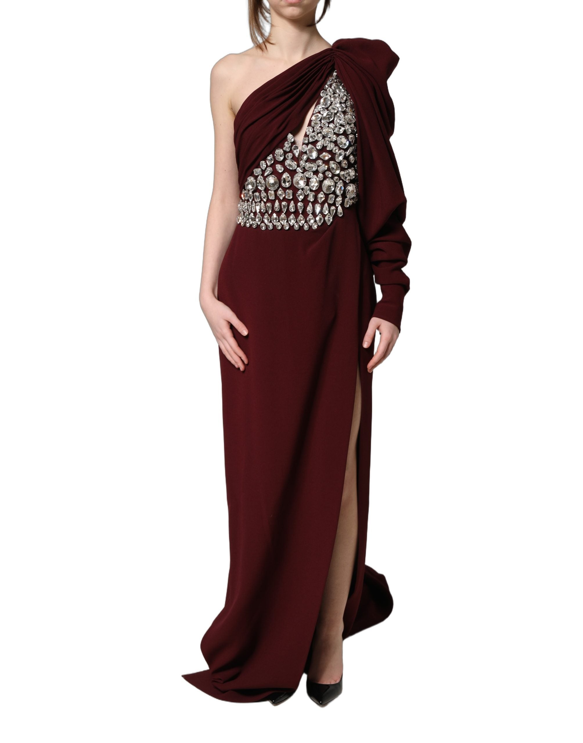 Dolce & Gabbana Maroon Crystal One Shoulder EveningGown Dress