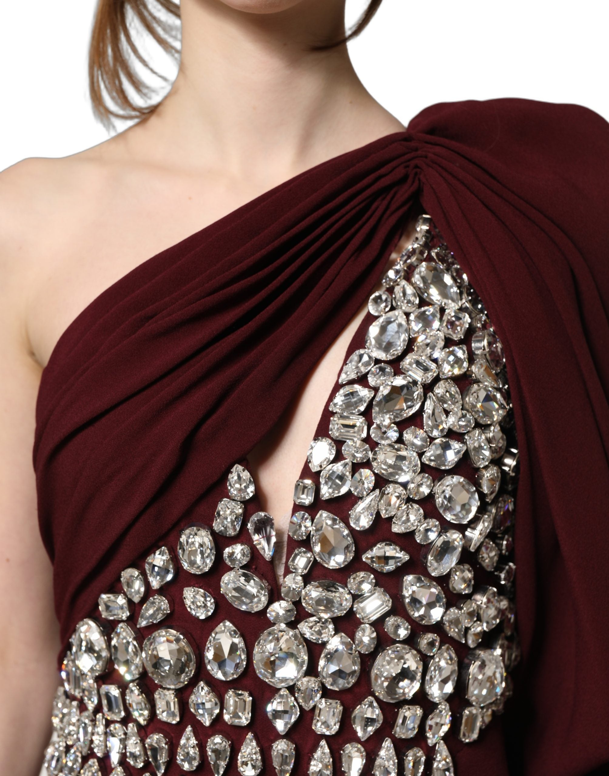 Dolce & Gabbana Maroon Crystal One Shoulder EveningGown Dress
