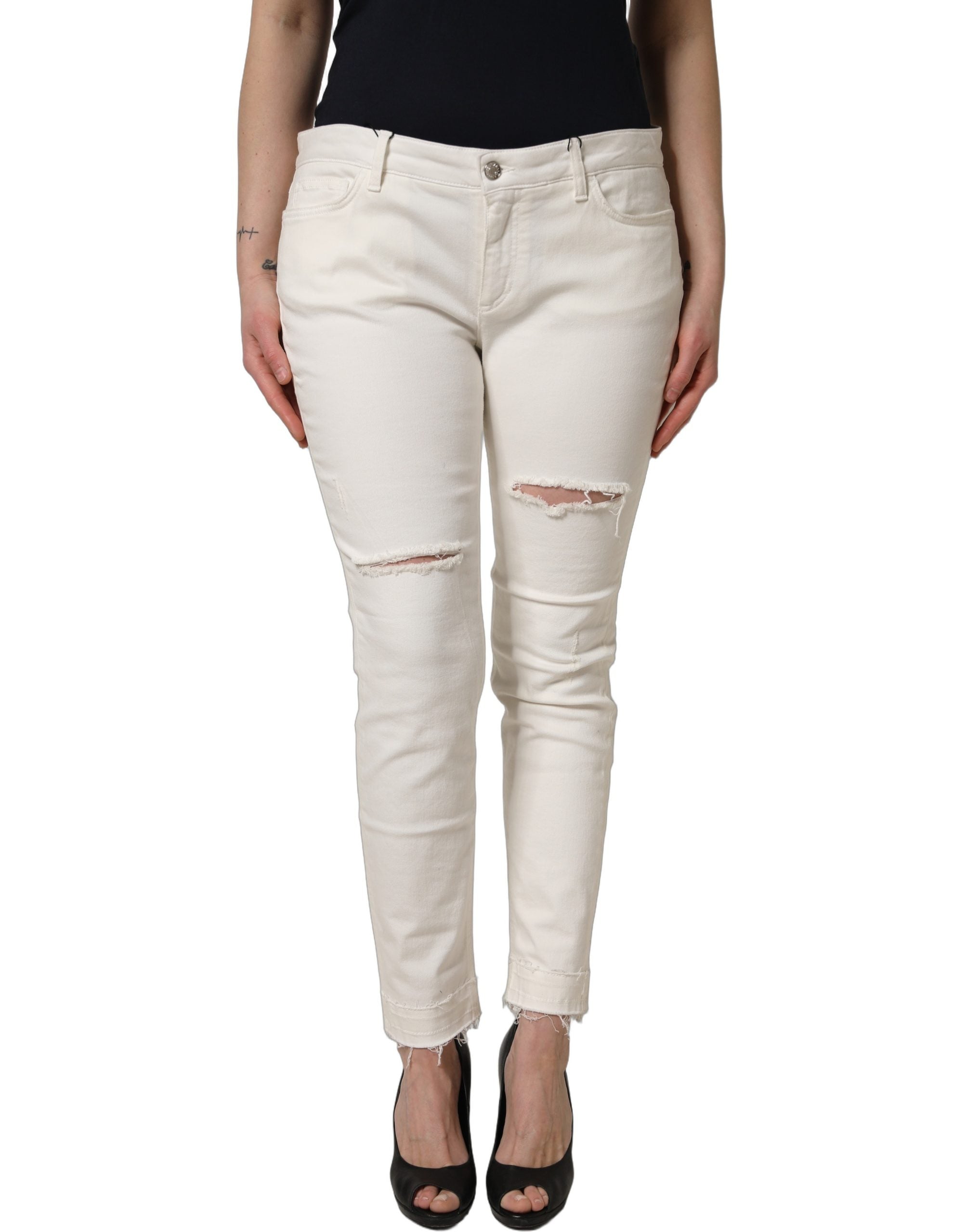Pre-Owned Dolce & Gabbana White Tattered Skinny Cotton Denim Jeans