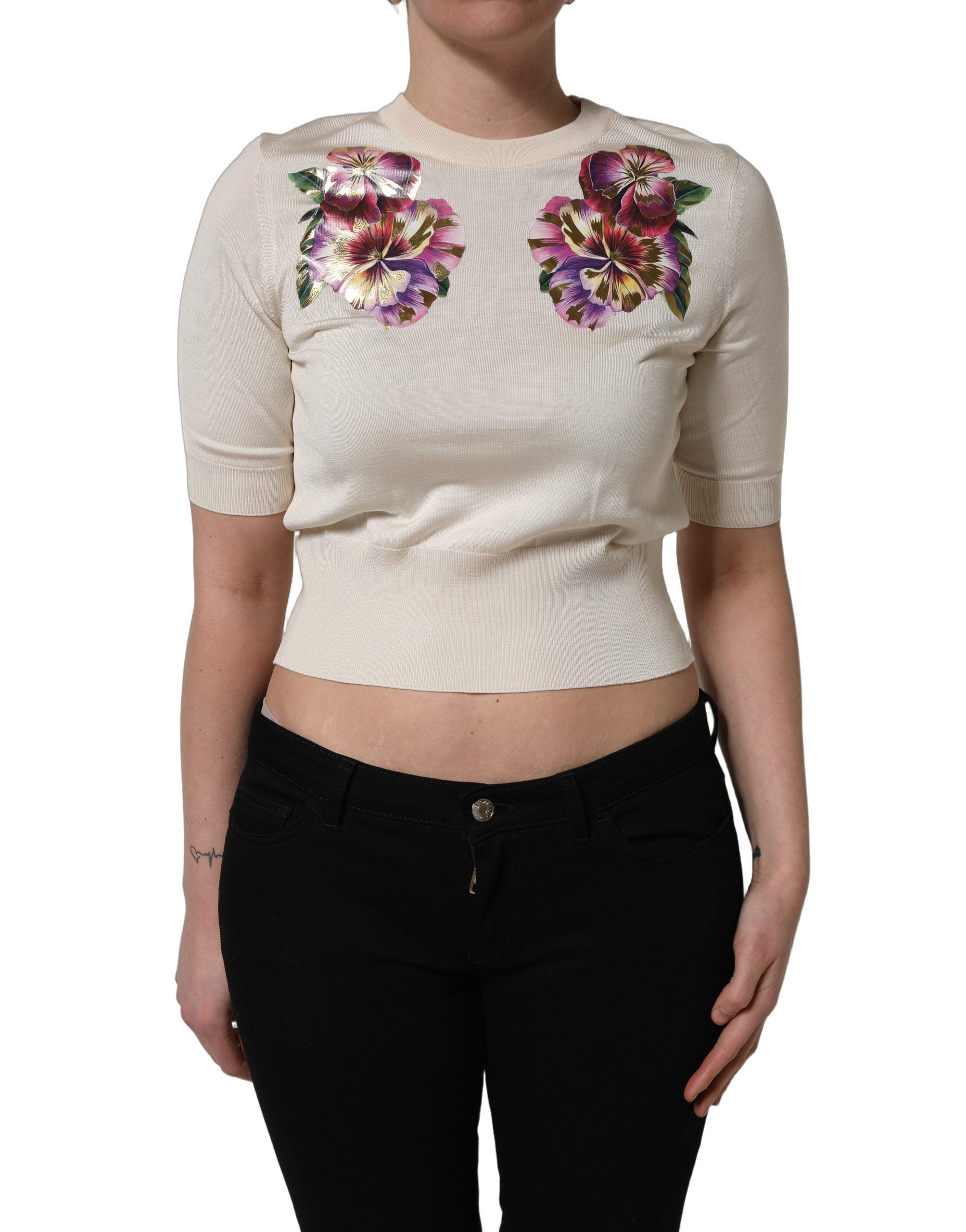 Dolce & Gabbana Beige Floral Print Silk CrewNeck Pullover Top