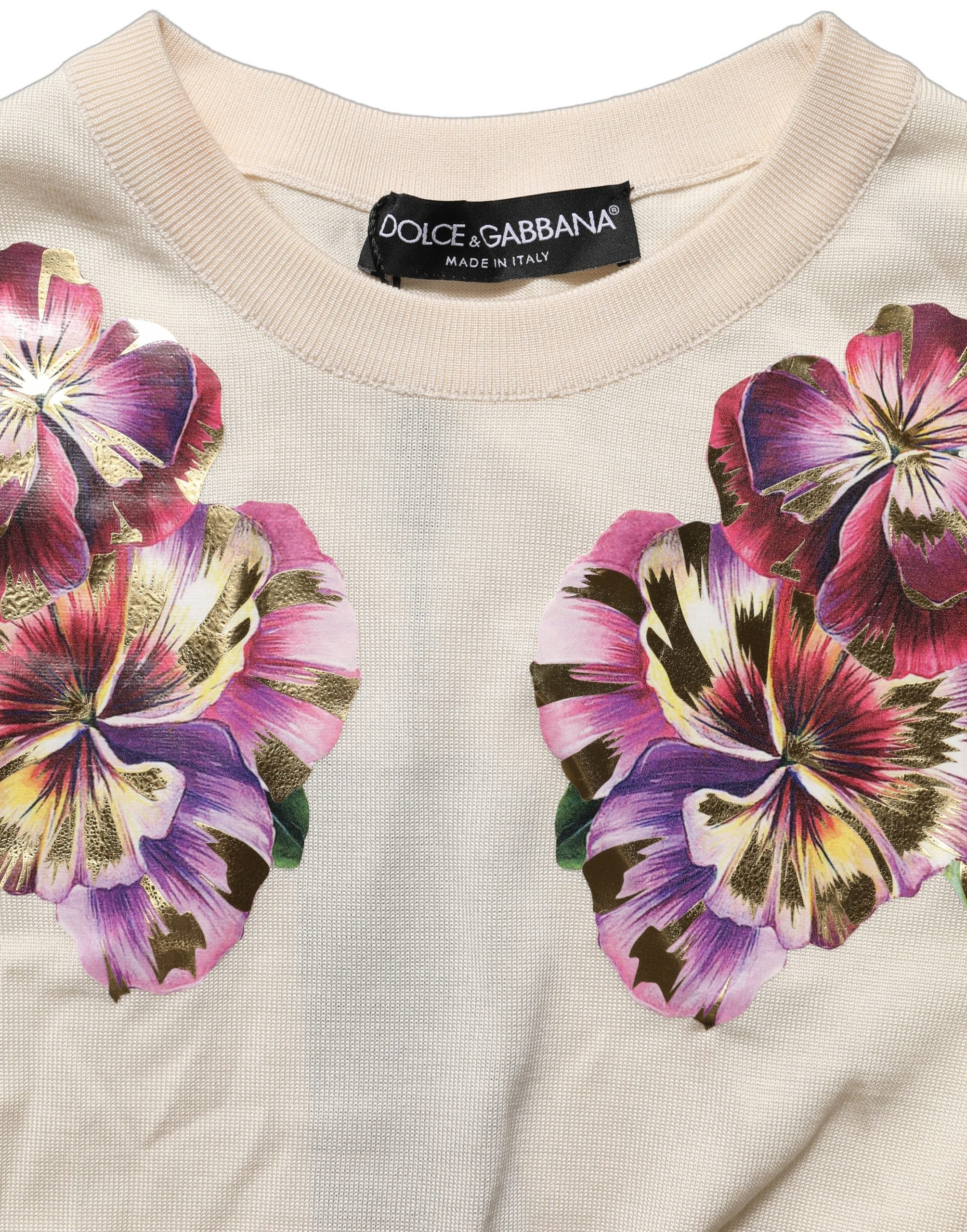 Dolce & Gabbana Beige Floral Print Silk CrewNeck Pullover Top