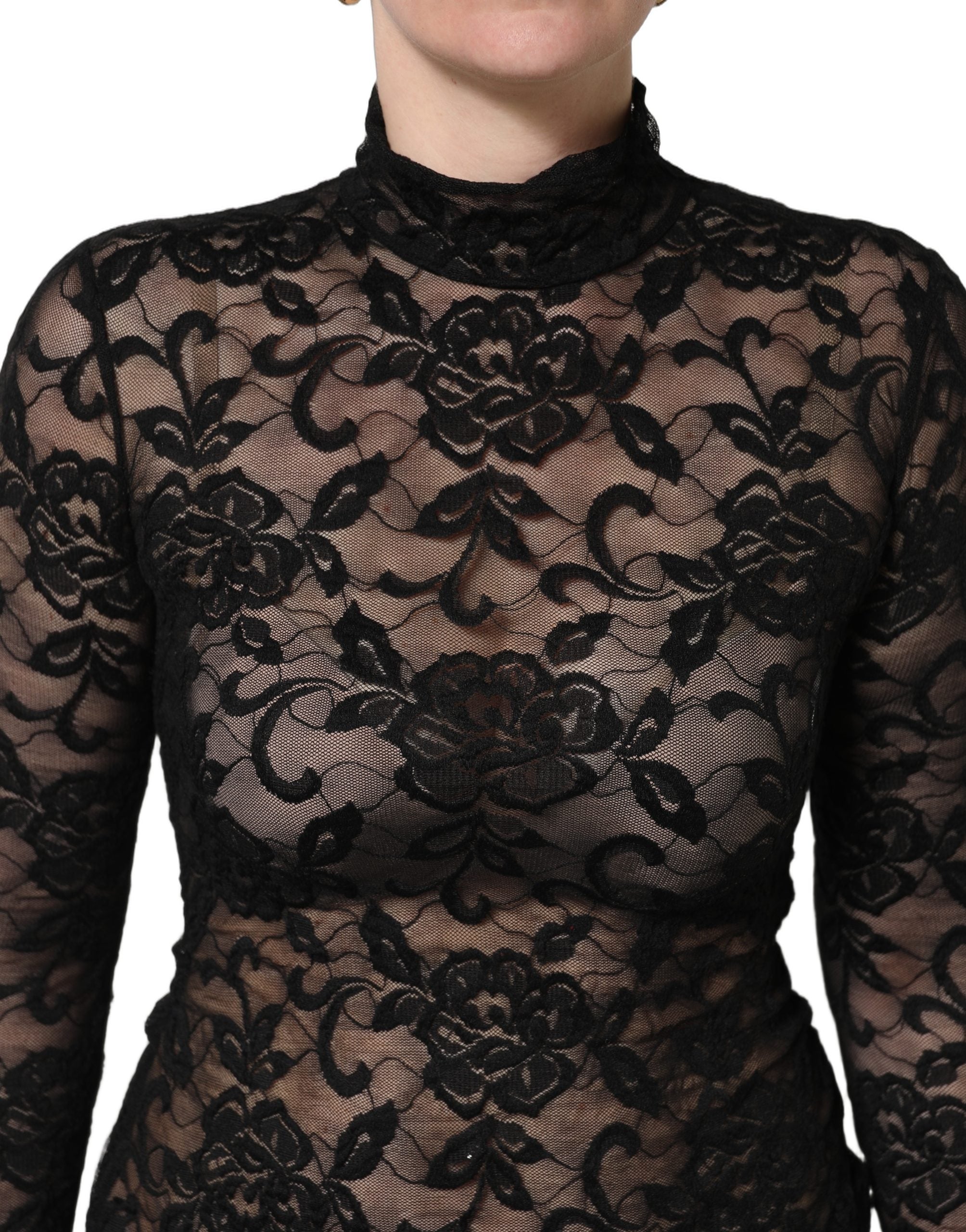 Dolce & Gabbana Black Floral Lace Turtle Neck Long Sleeve Top