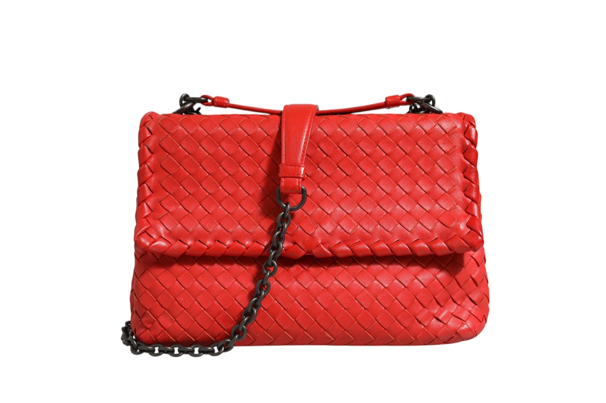 Bottega Veneta 26 Red Leather Intrecciato Olimpia Shoulder Bag