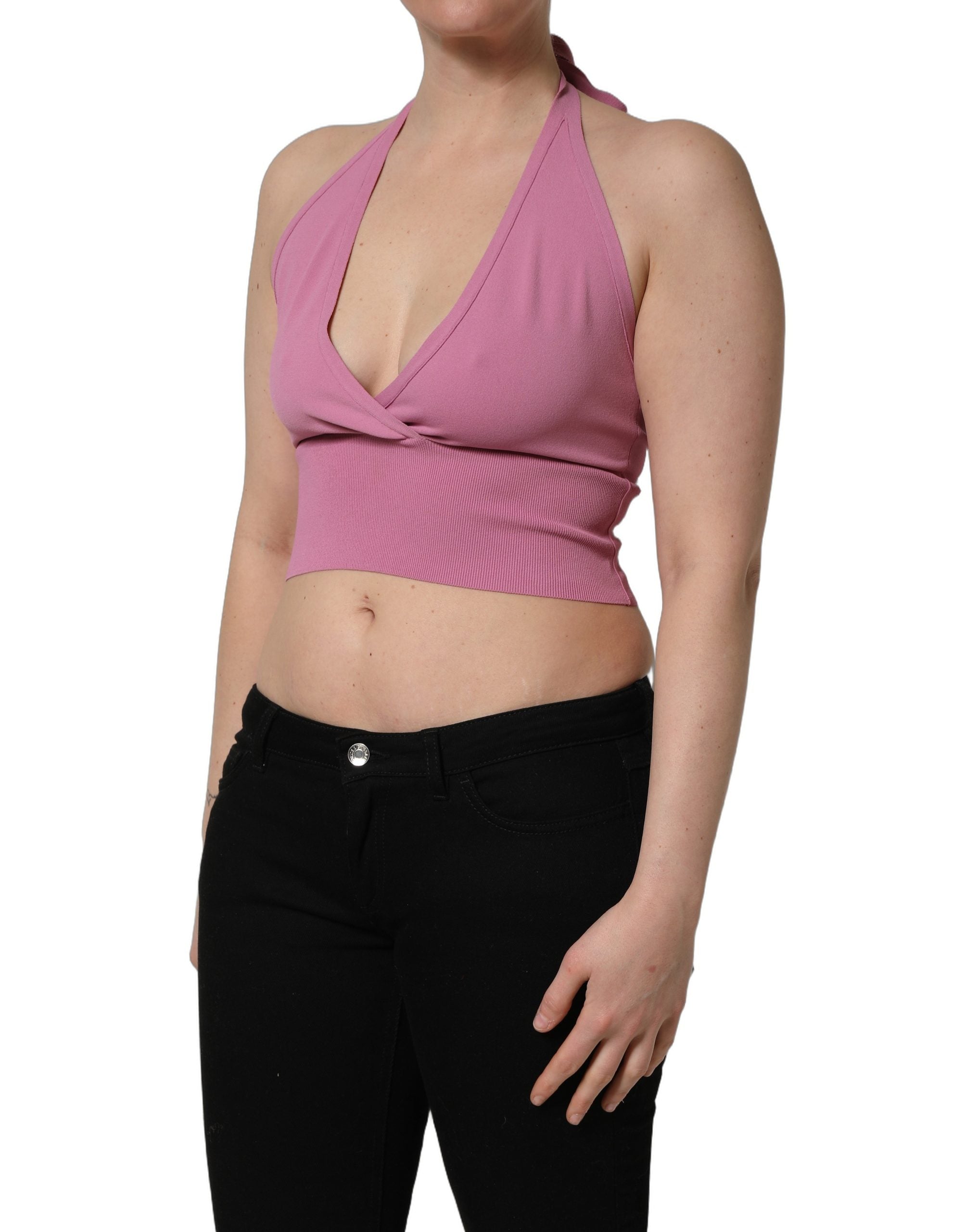 Dolce & Gabbana Pink Halter Neck Fitted Cropped Tank Top