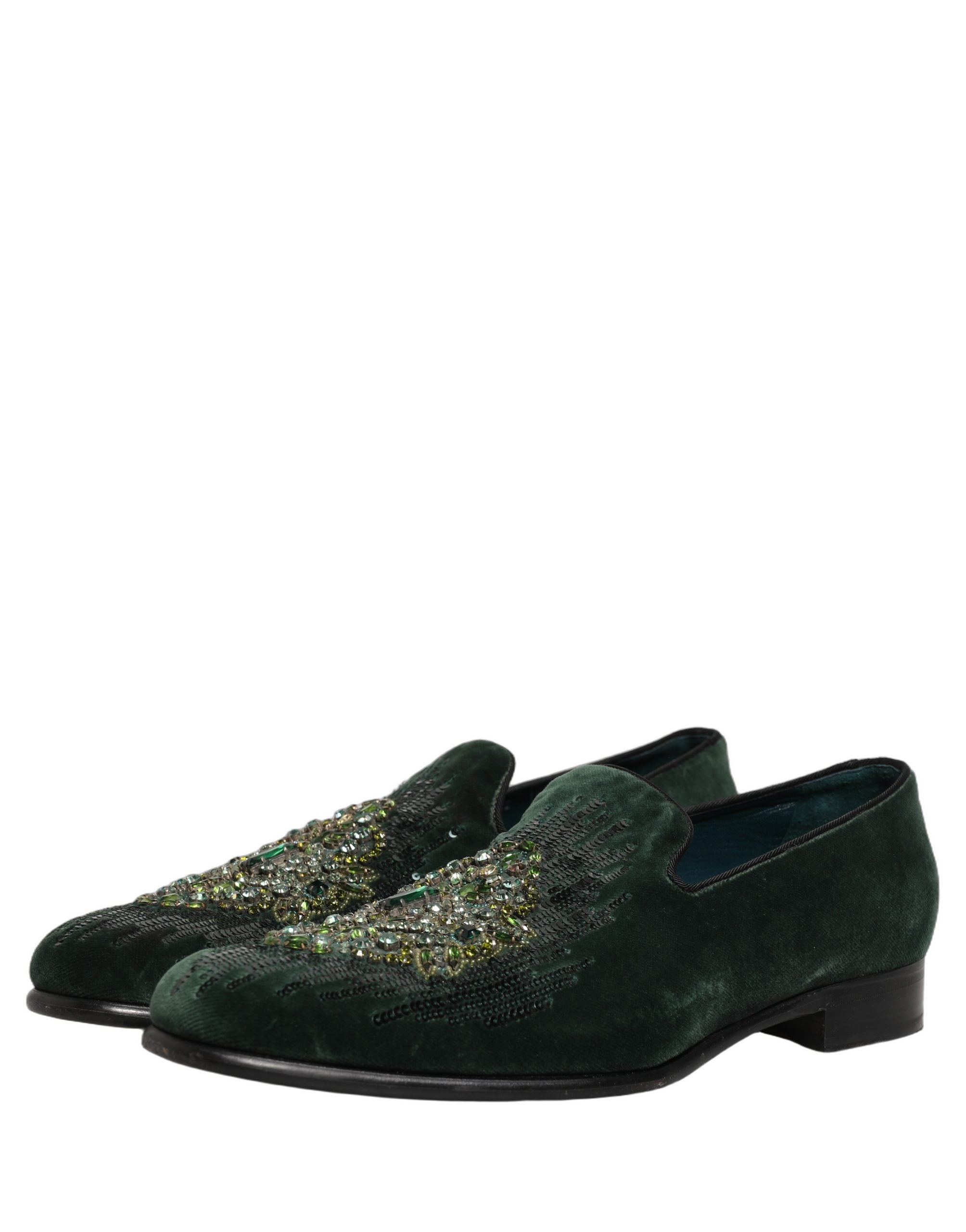 Dolce & Gabbana Green Velvet Embellished Dress Loafers Shoes