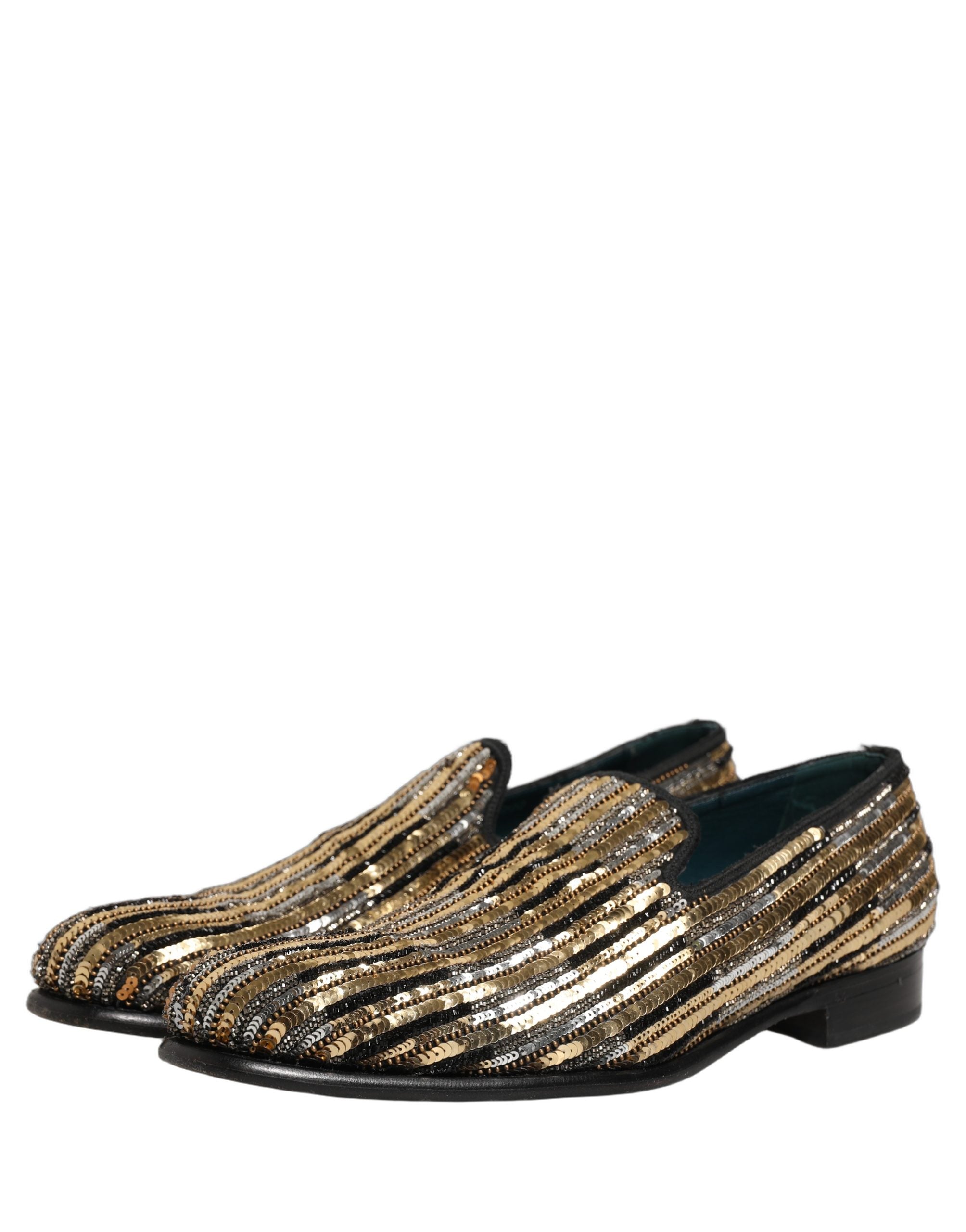 Dolce & Gabbana Gold Striped Sequin Embellished Loafer Shoes