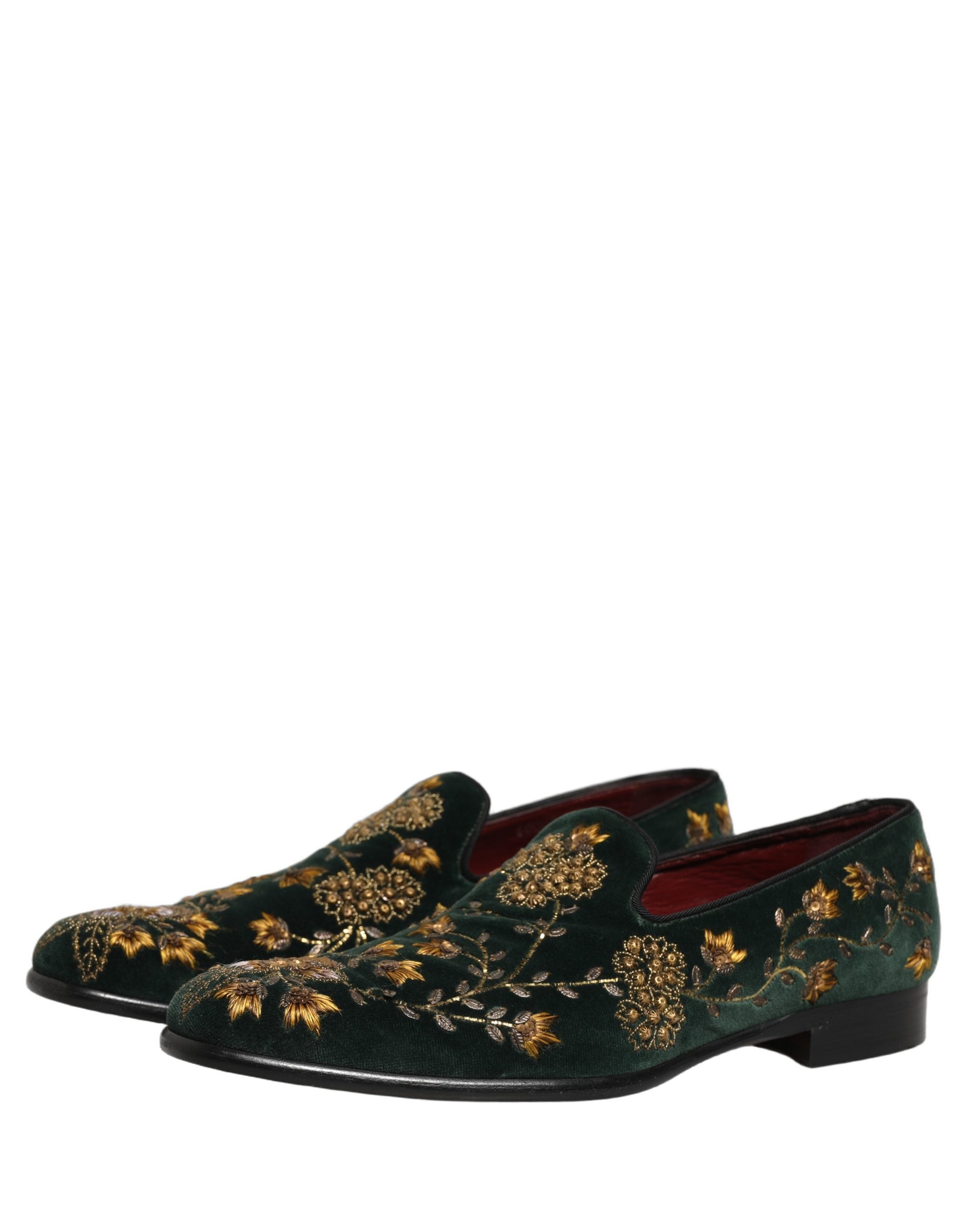 Dolce & Gabbana Green Floral Embroidery Dress Loafers Shoes