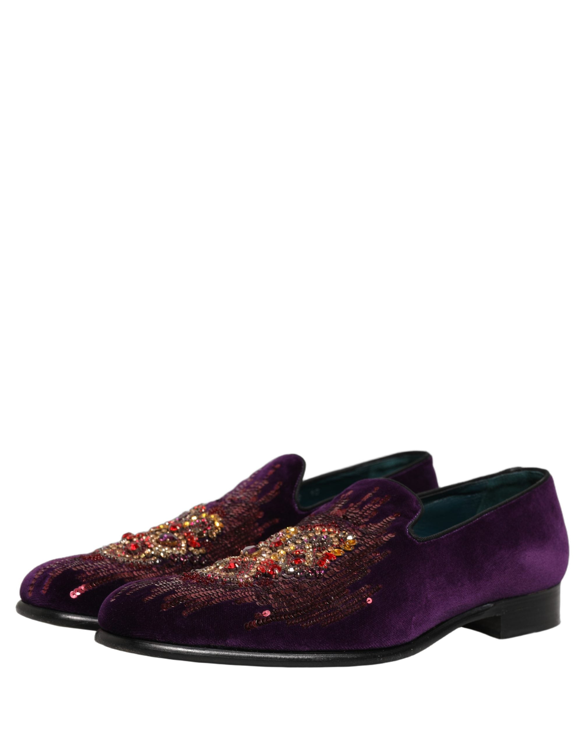 Dolce & Gabbana Violet Velvet Rhinestone Sequin Loafers Shoes