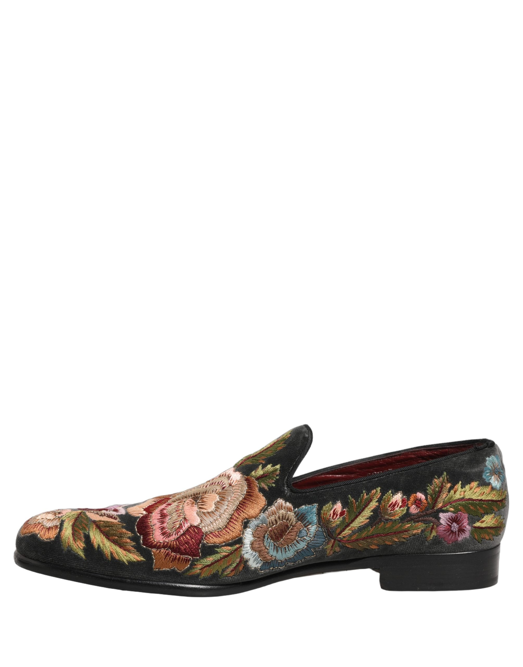 Pre-Owned Dolce & Gabbana Black Velvet Floral Embroidery Loafers Shoes