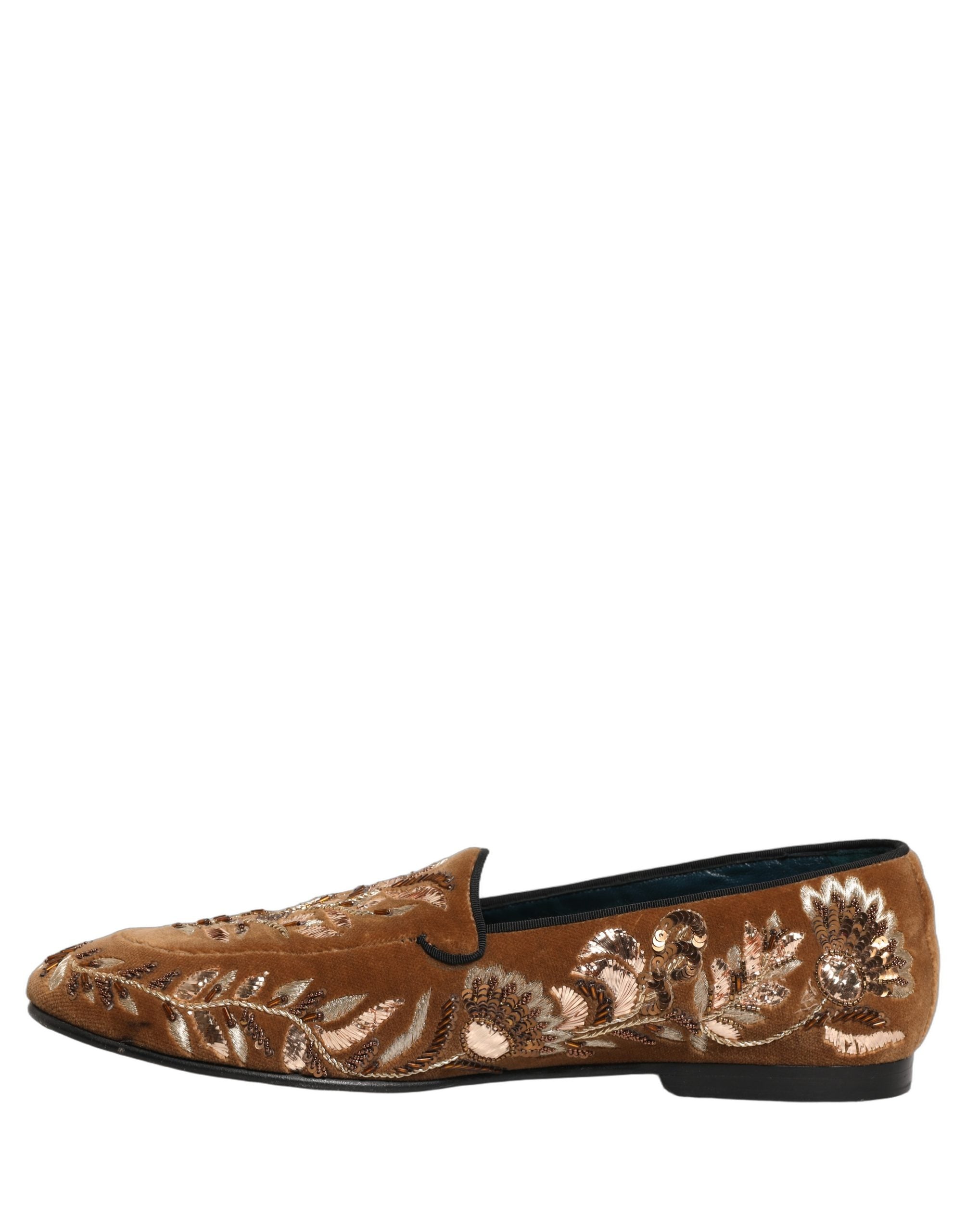 Dolce & Gabbana Brown Velvet Floral Embroidery Loafers Shoes