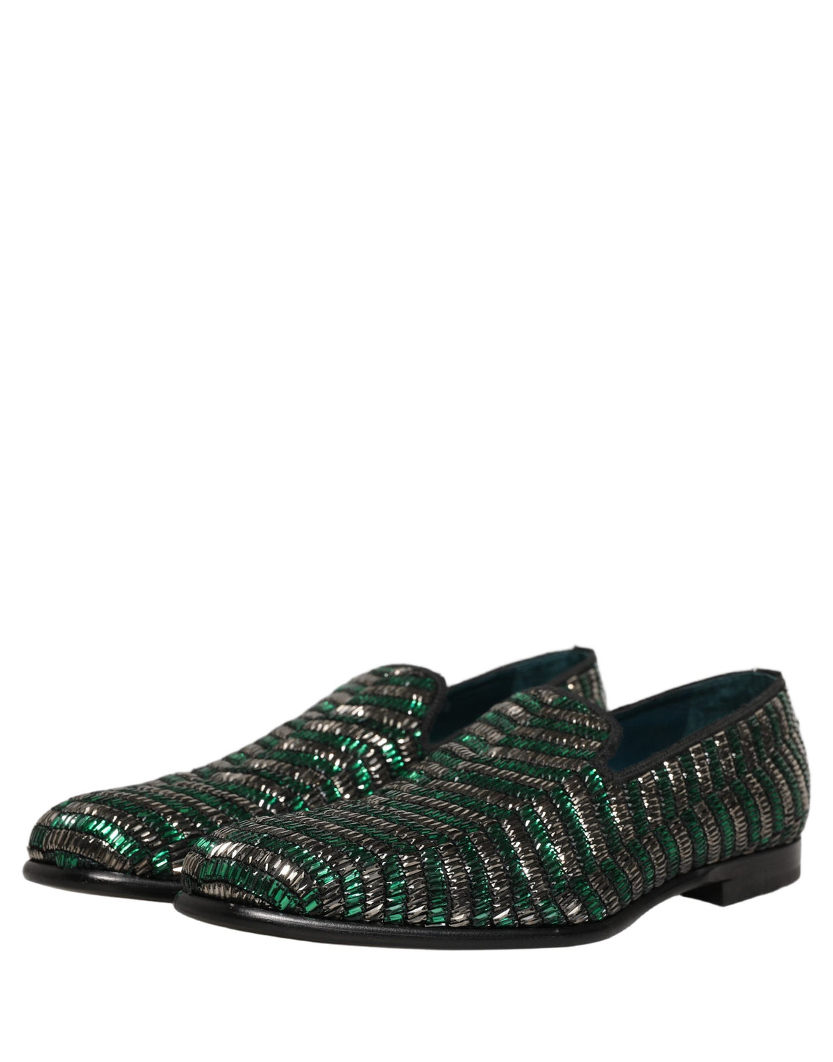 New Dolce & Gabbana Silver Green Embellished Dress Loafers Shoes