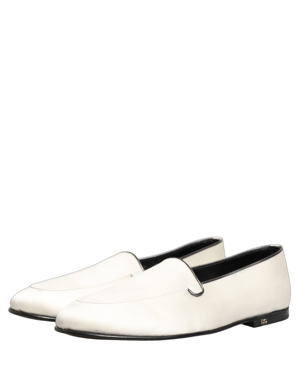 Dolce & Gabbana White Satin Logo Slip On Flats Loafers