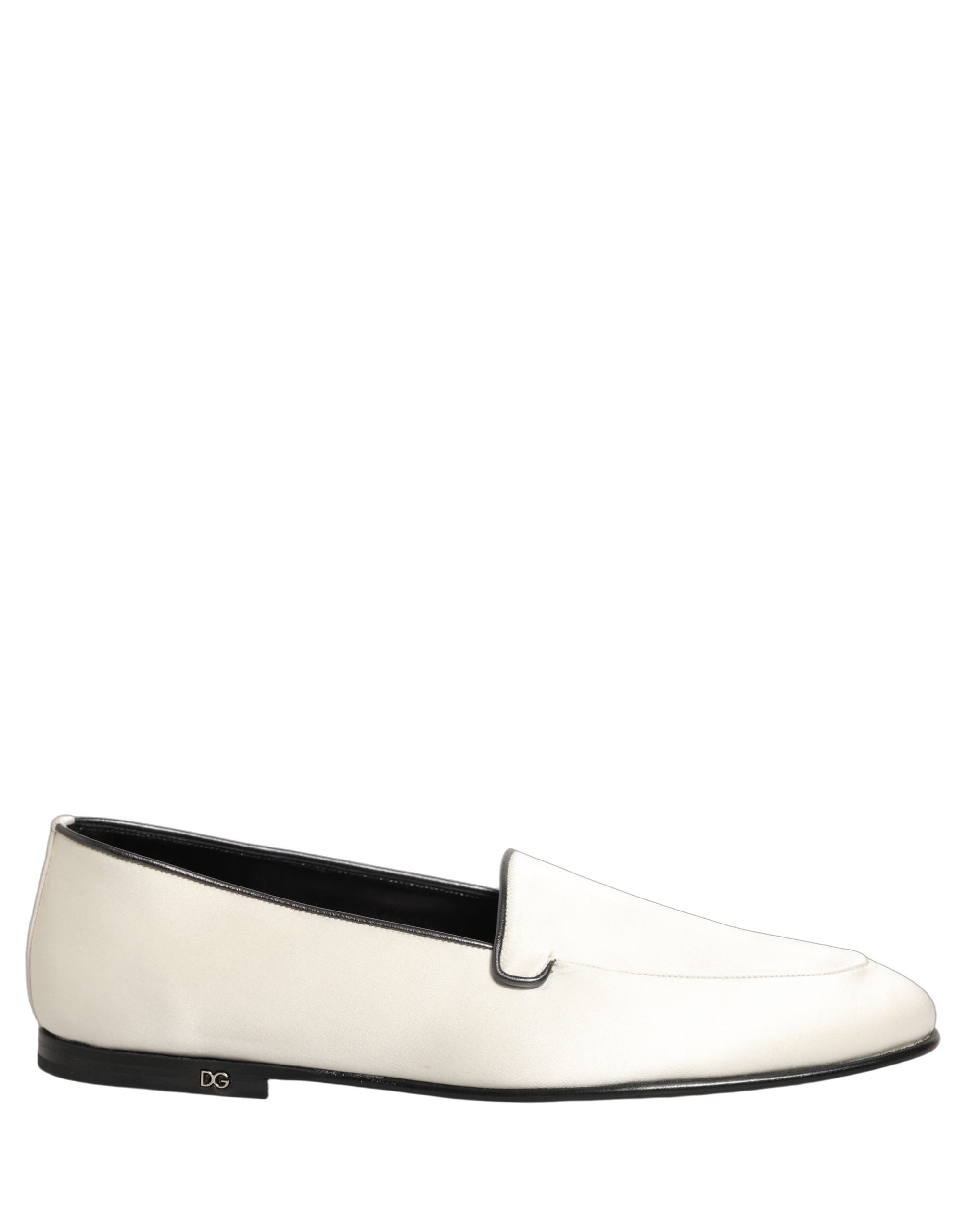 Dolce & Gabbana White Satin Logo Slip On Flats Loafers