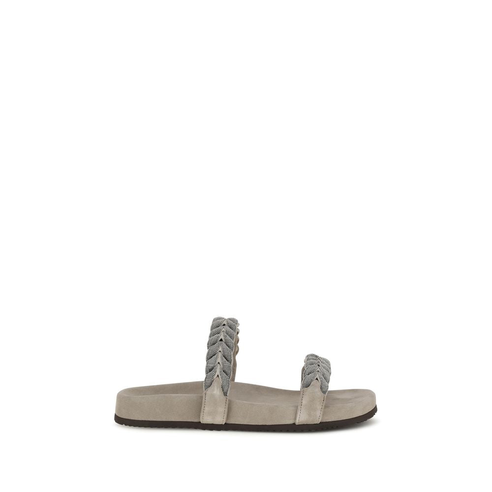 Brunello Cucinelli Gray Leather Flat Sandals