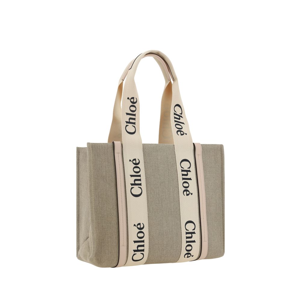 Chloé Light Beige Linen Woody Canvas Shoulder Bag
