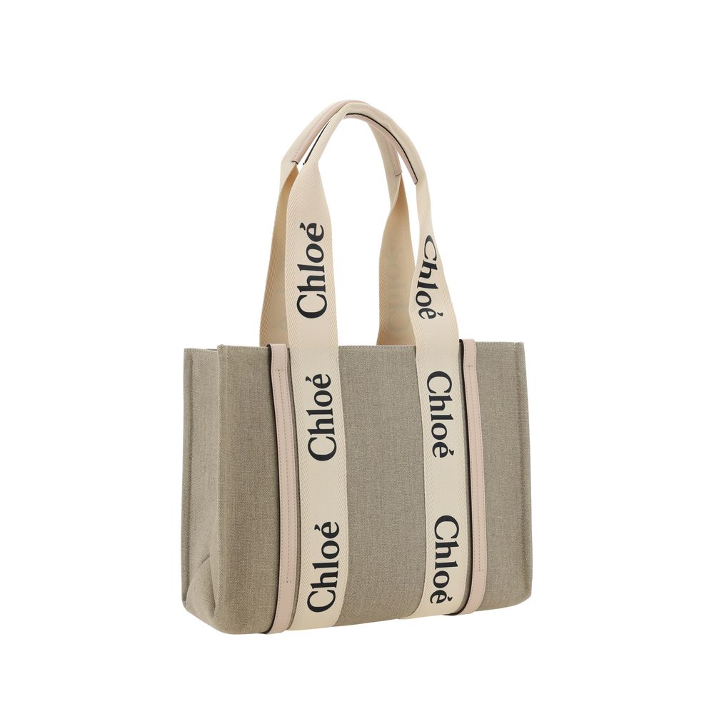 Chloé Light Beige Linen Woody Canvas Shoulder Bag
