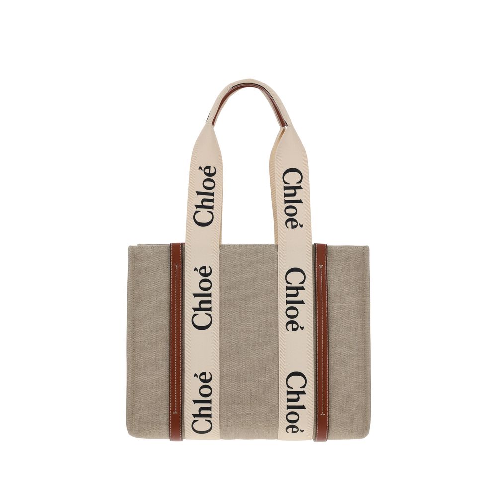 Chloé Beige Linen Woody Canvas Shoulder Bag